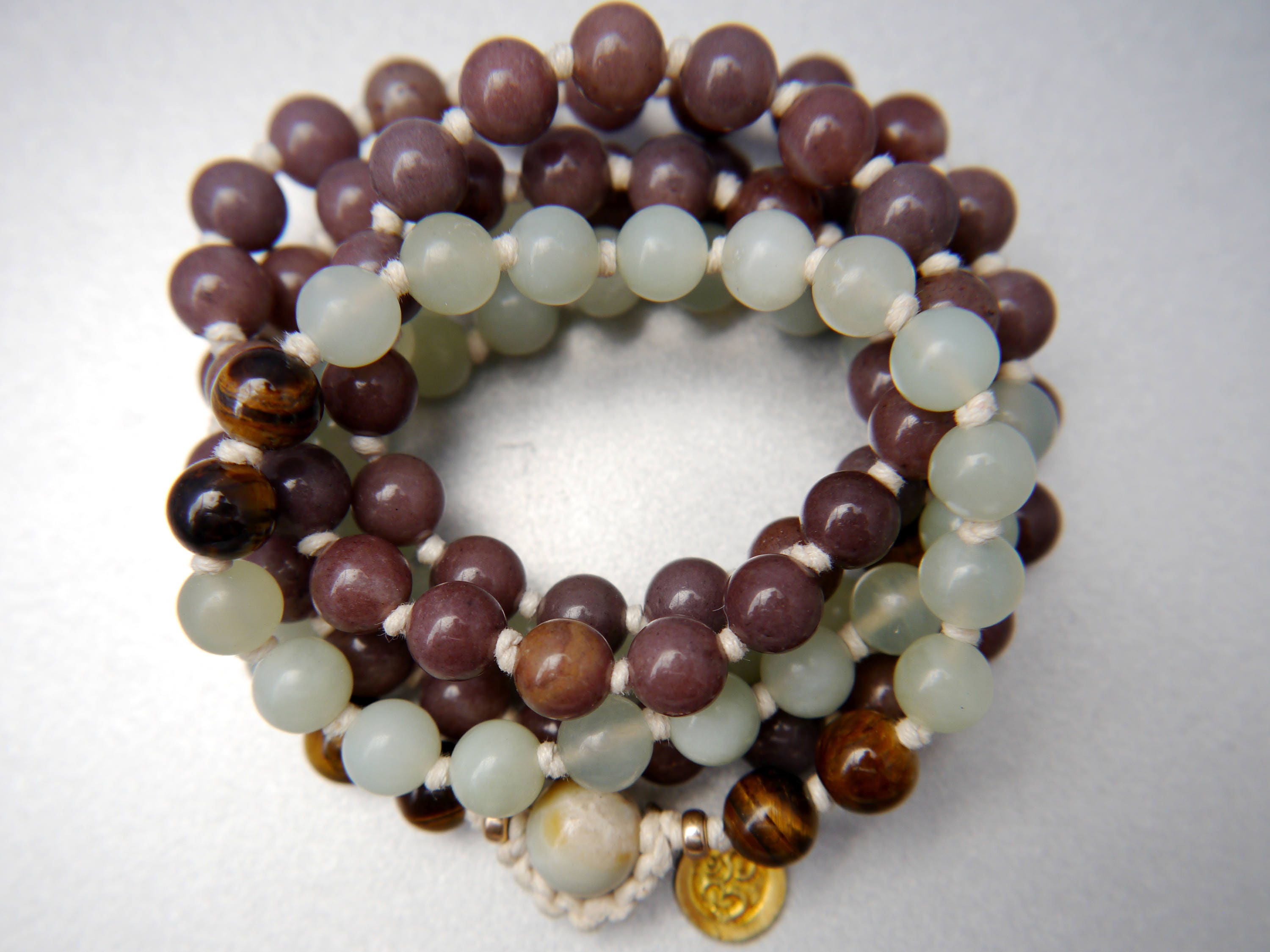 Purple Aventurine Sea Green Serpentine Mala Beads, 108 Gemstone , Hand Knotted