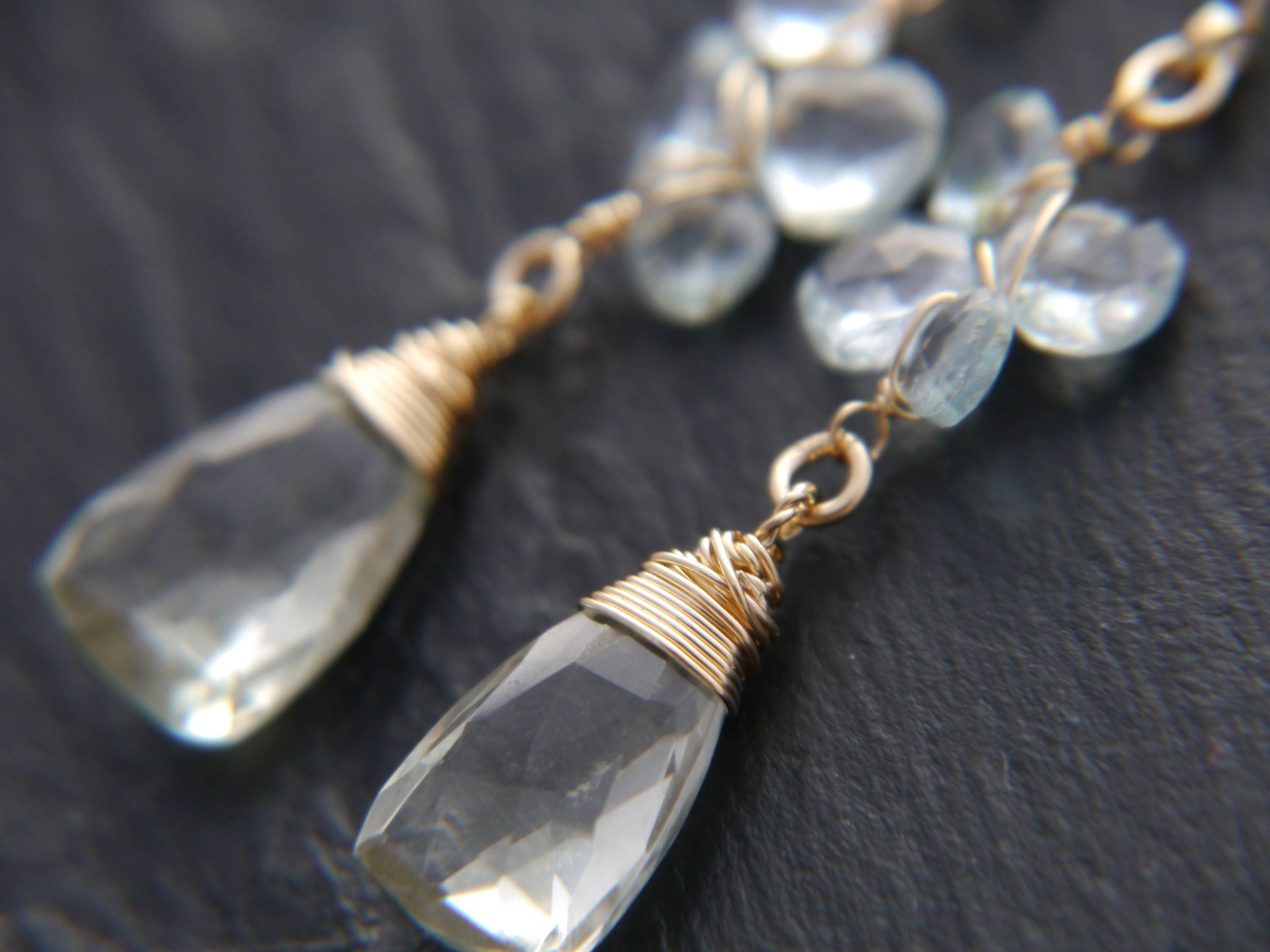 Aquamarine Green Amethyst Long Dangle Trillion Gemstone Earrings, 14K Gold Filled Bridal