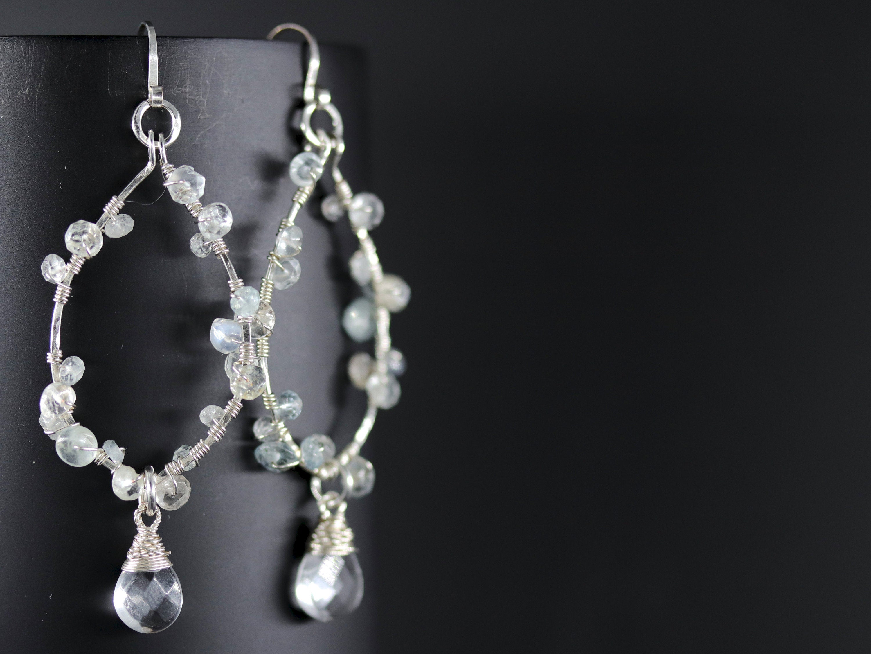Aquamarine Quartz Floral Chandelier Dangle Gemstone Earrings, Sterling Silver, Bridal