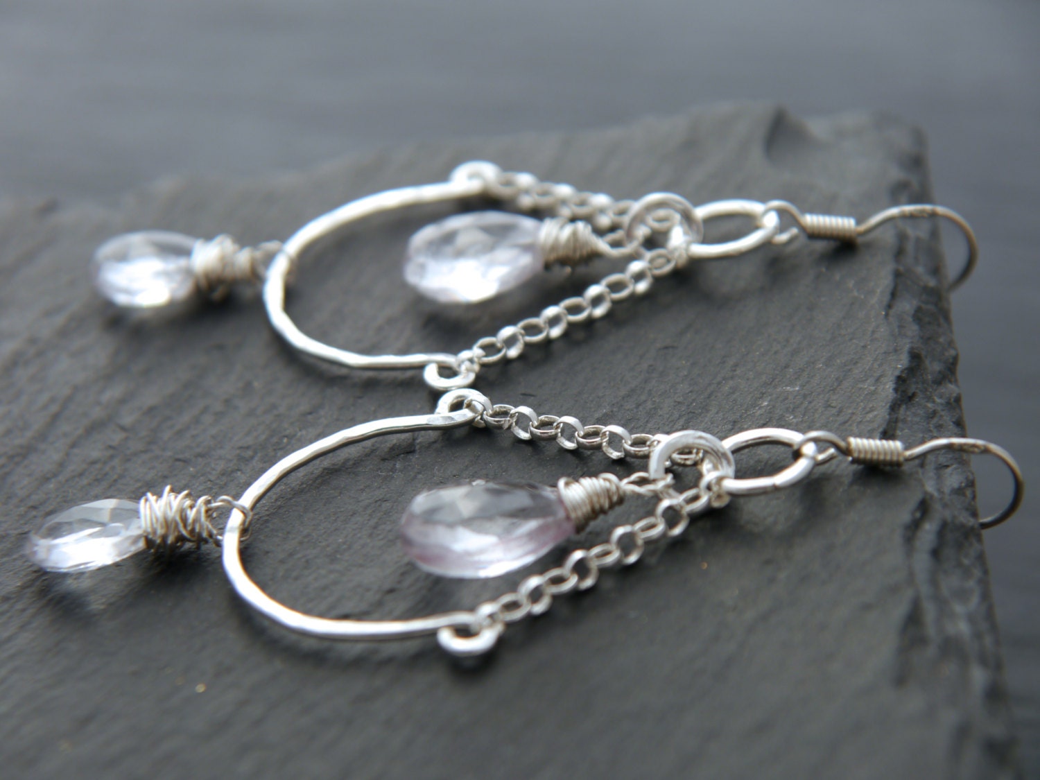 Quartz Teardrop Briolette Chandelier Gemstone Earrings, Sterling Silver Wedding Jewelry