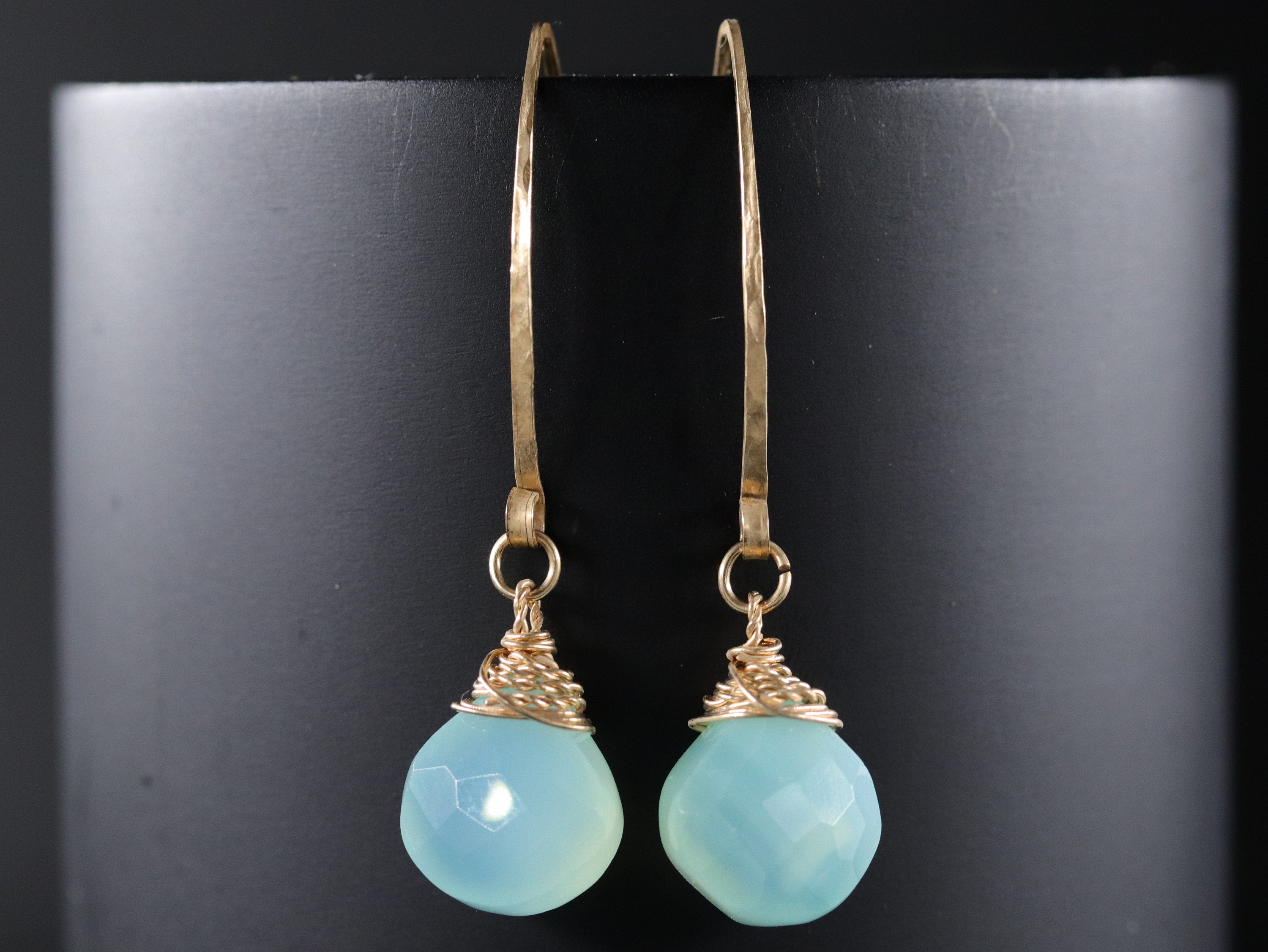 Aqua Chalcedony Heart Briolette Long Hoop Gemstone Earrings, 14K Gold Filled Something Blue