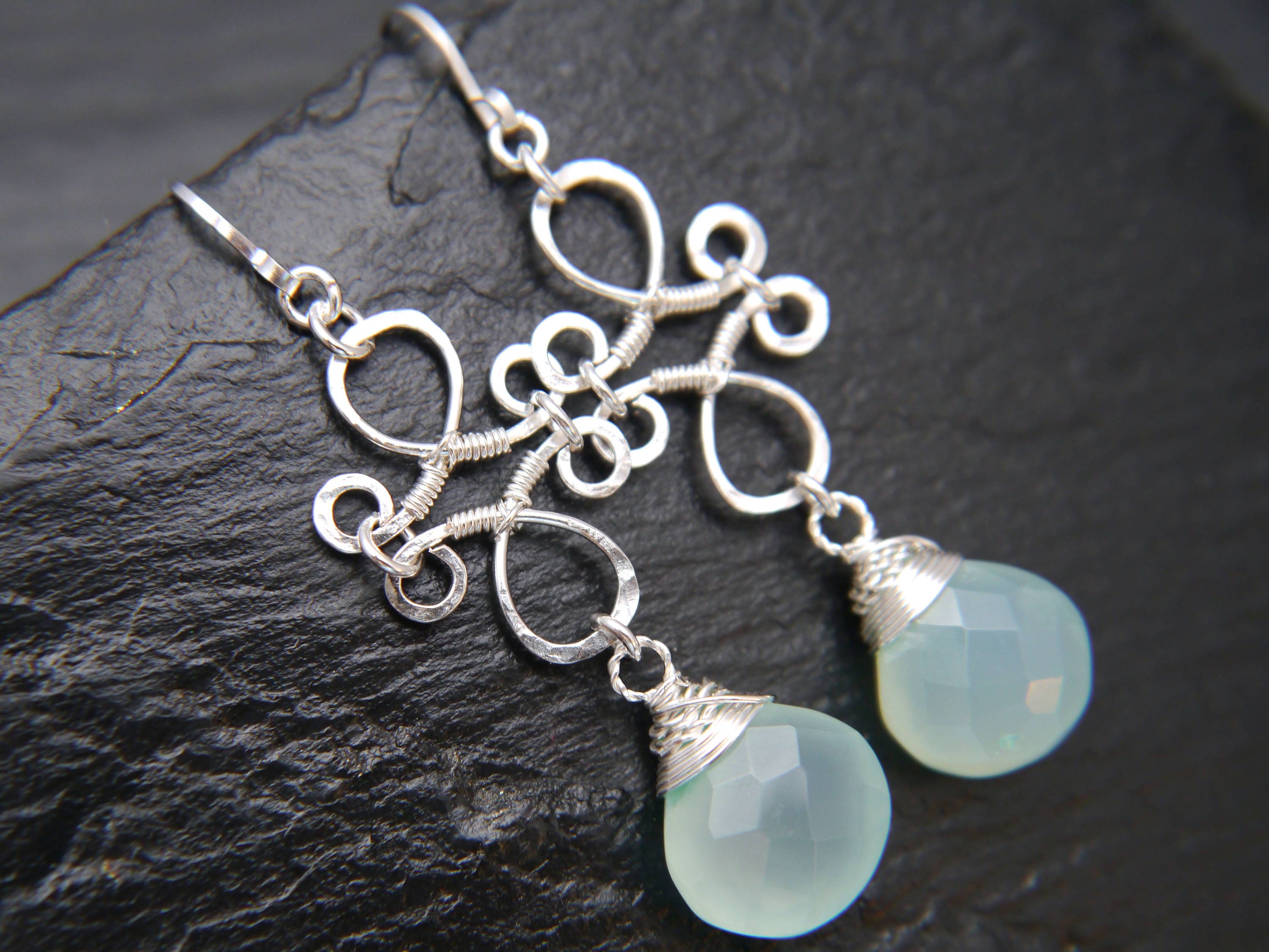 Aqua Chalcedony Heart Briolette Chandelier Gemstone Earrings, Sterling Silver