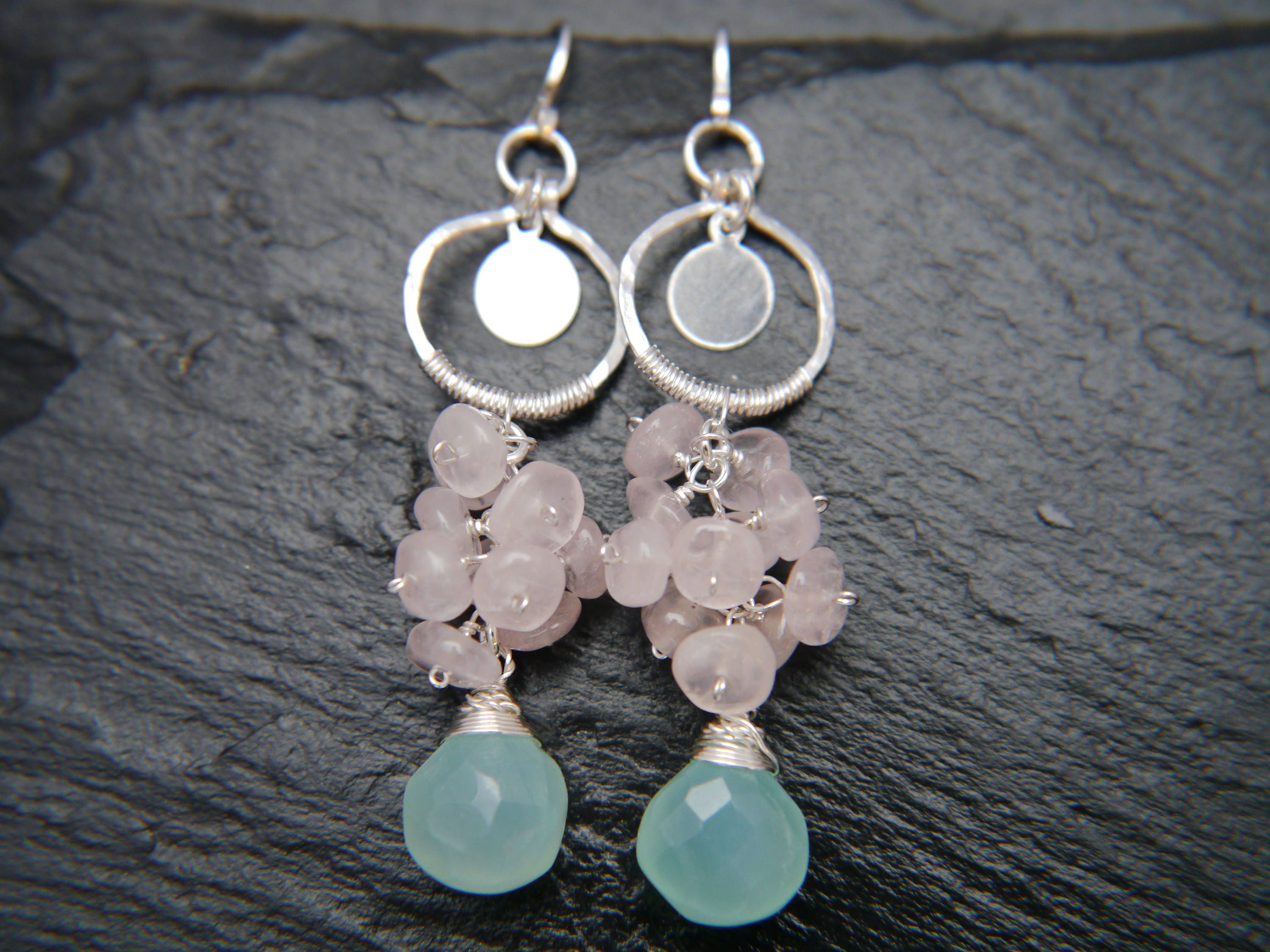 Aqua Chalcedony Rose Quartz Floral Cluster Long Dangle Gemstone Earrings, Sterling Silver