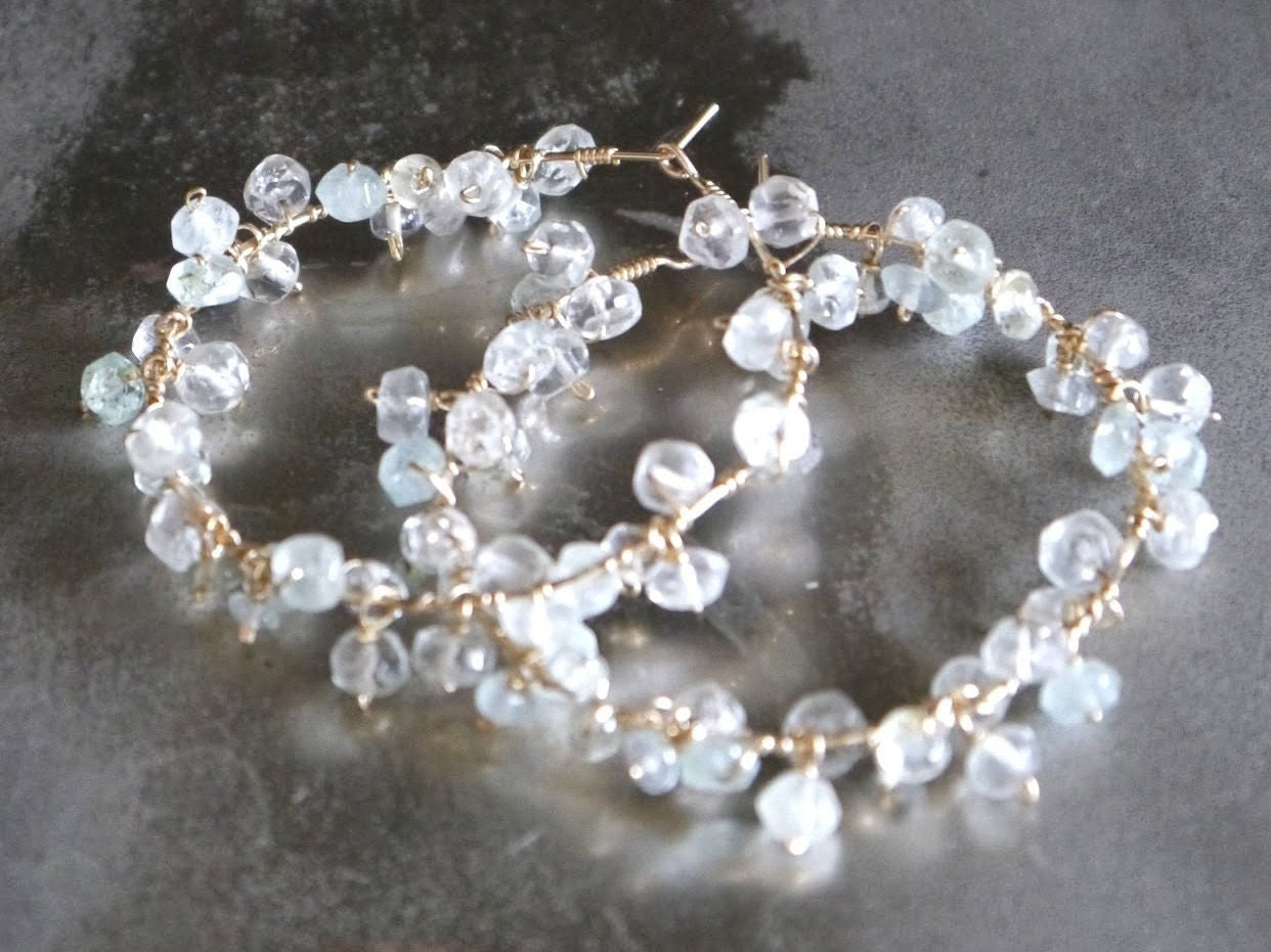 Boho Aquamarine Hoop Gemstone Earrings, 14K Gold Filled Coastal Wedding