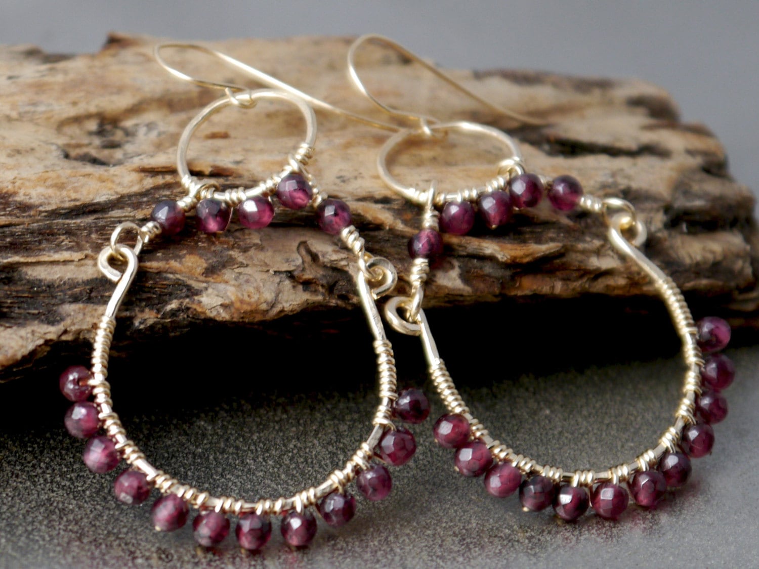 Red Garnet Petal Chandelier Hoop Gemstone Earrings, 14K Gold Filled