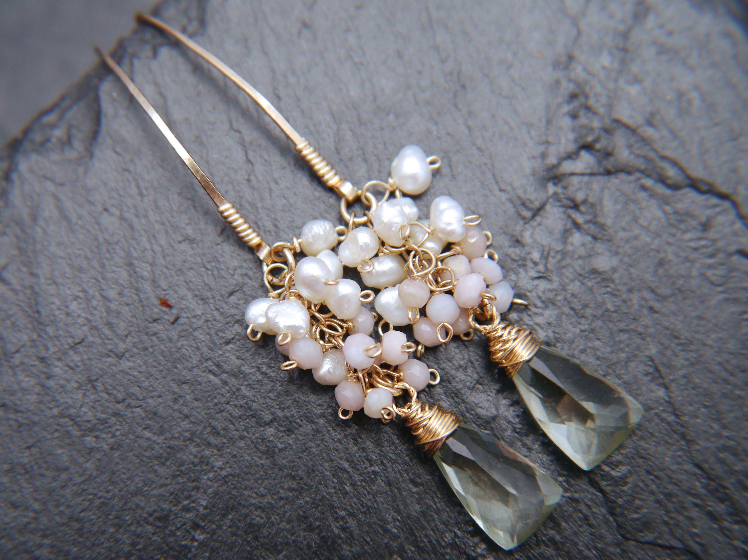 Pearl Pink Opal Green Amethyst Floral Gemstone Earrings, 14K Gold Filled Bohemian Jewelry