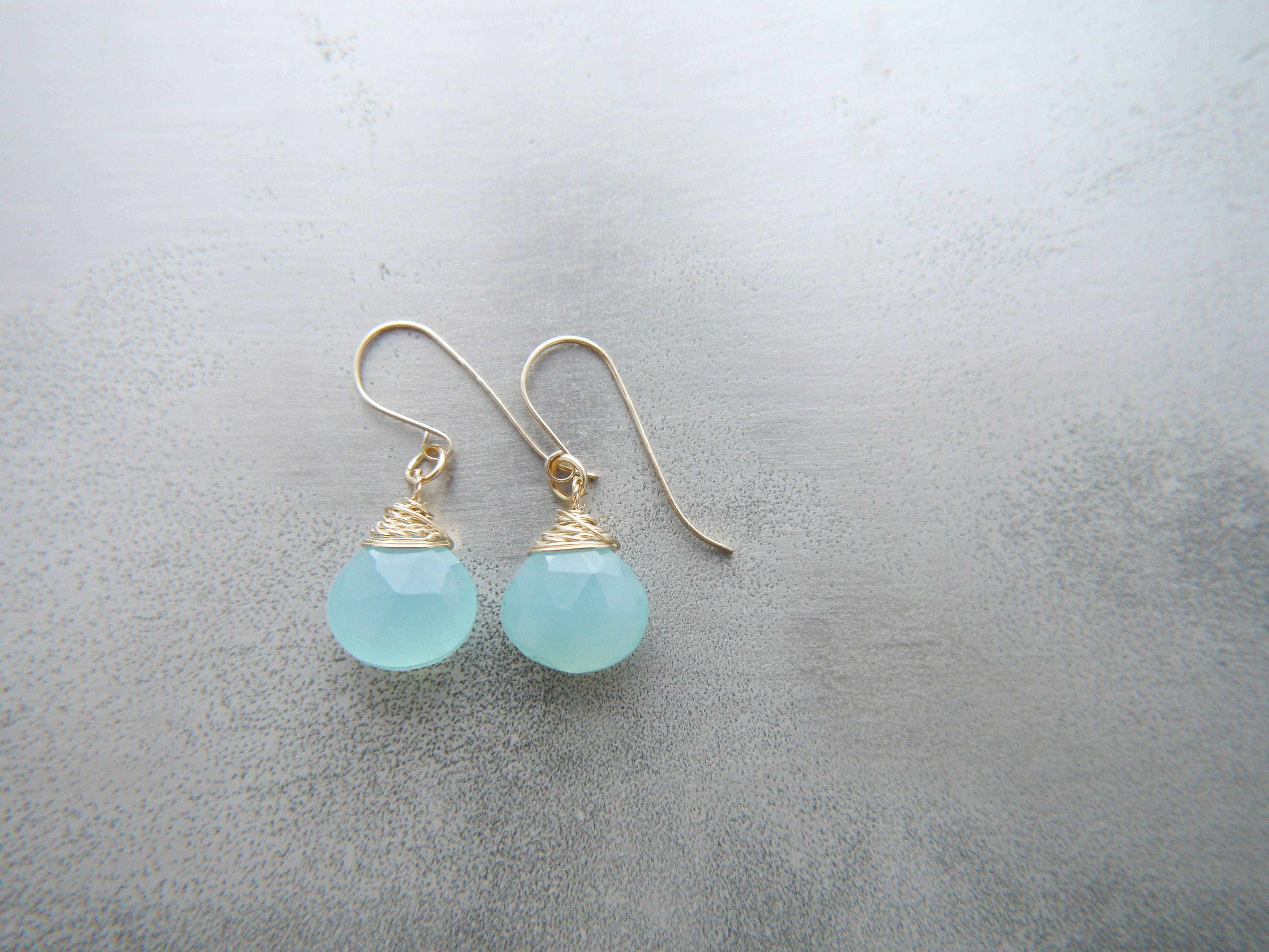 Aqua Chalcedony Heart Briolette Teardrop Gemstone Earrings, 14K Gold Filled Romantic Gift