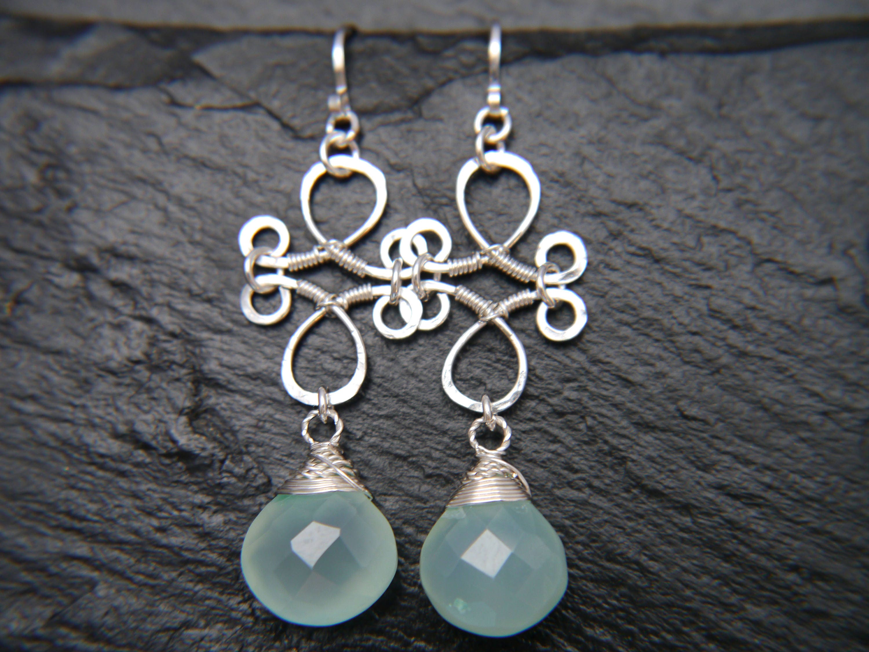 Aqua Chalcedony Heart Briolette Chandelier Gemstone Earrings, Sterling Silver