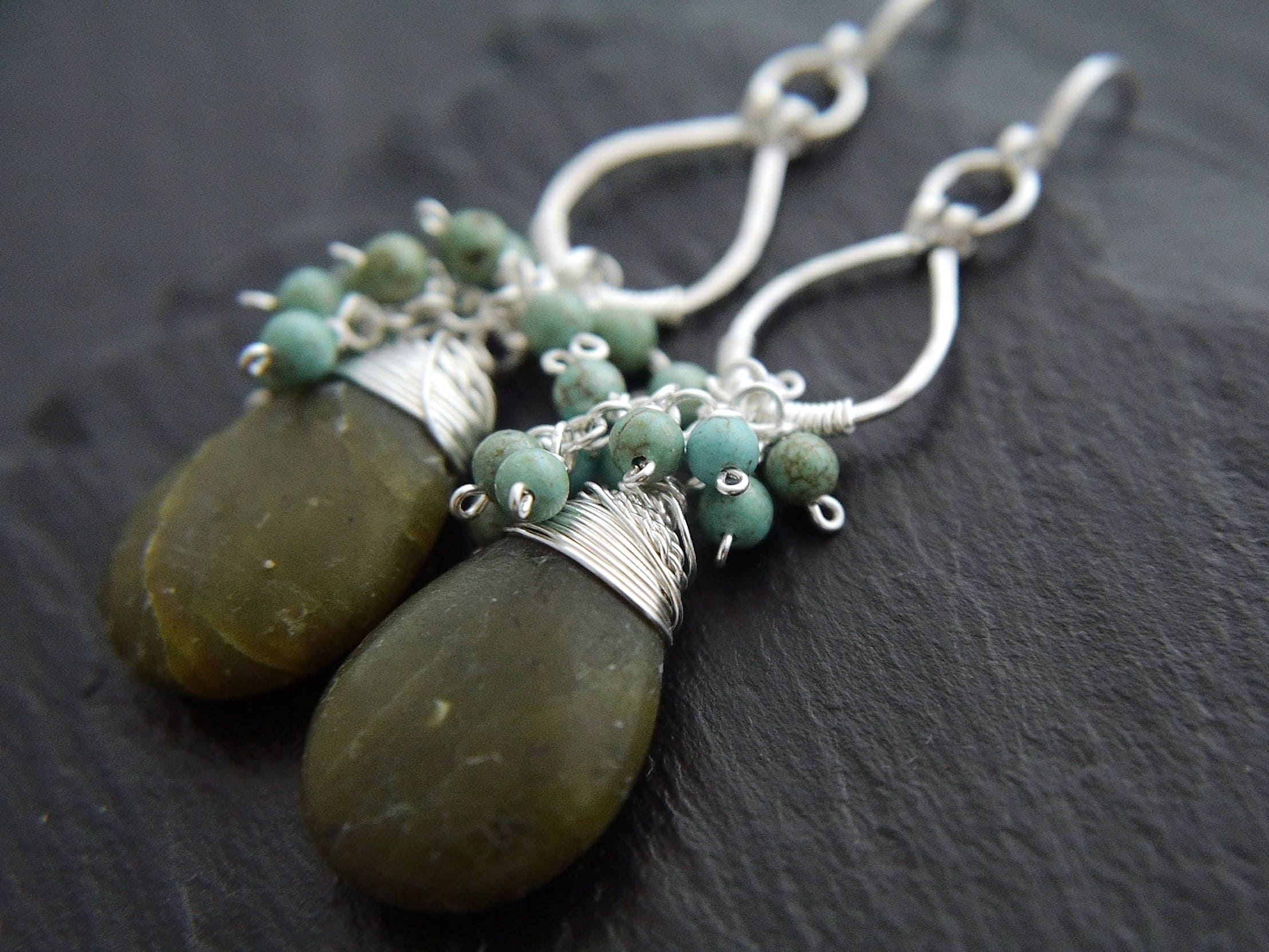 Green Vesuvianite Turquoise Magnesite Cluster Gemstone Earrings, Sterling Silver