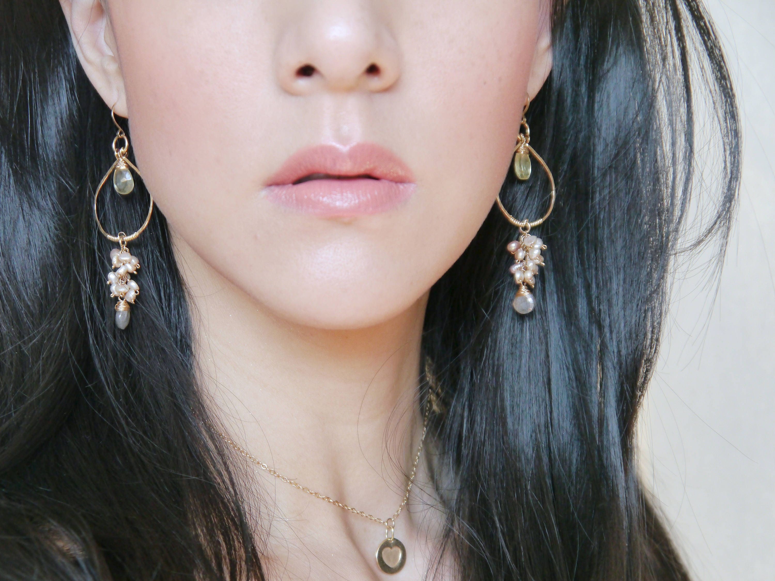Citrine Labradorite Pearl Floral Chandelier Gemstone Earrings, 14K Gold Filled Bridal