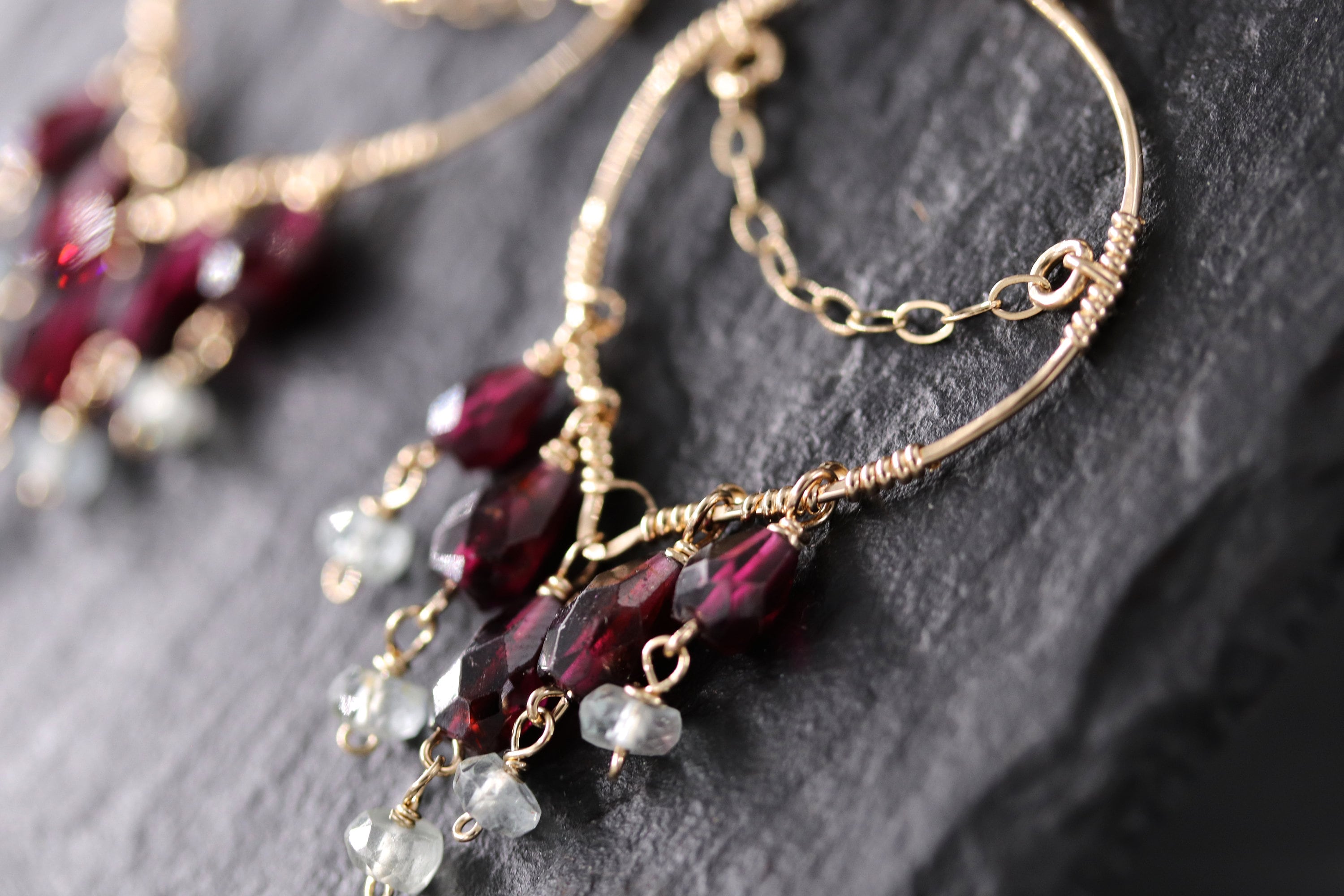 Garnet Aquamarine Fringe Earrings, 14K Gold Filled Long Dangle, Boho Statement