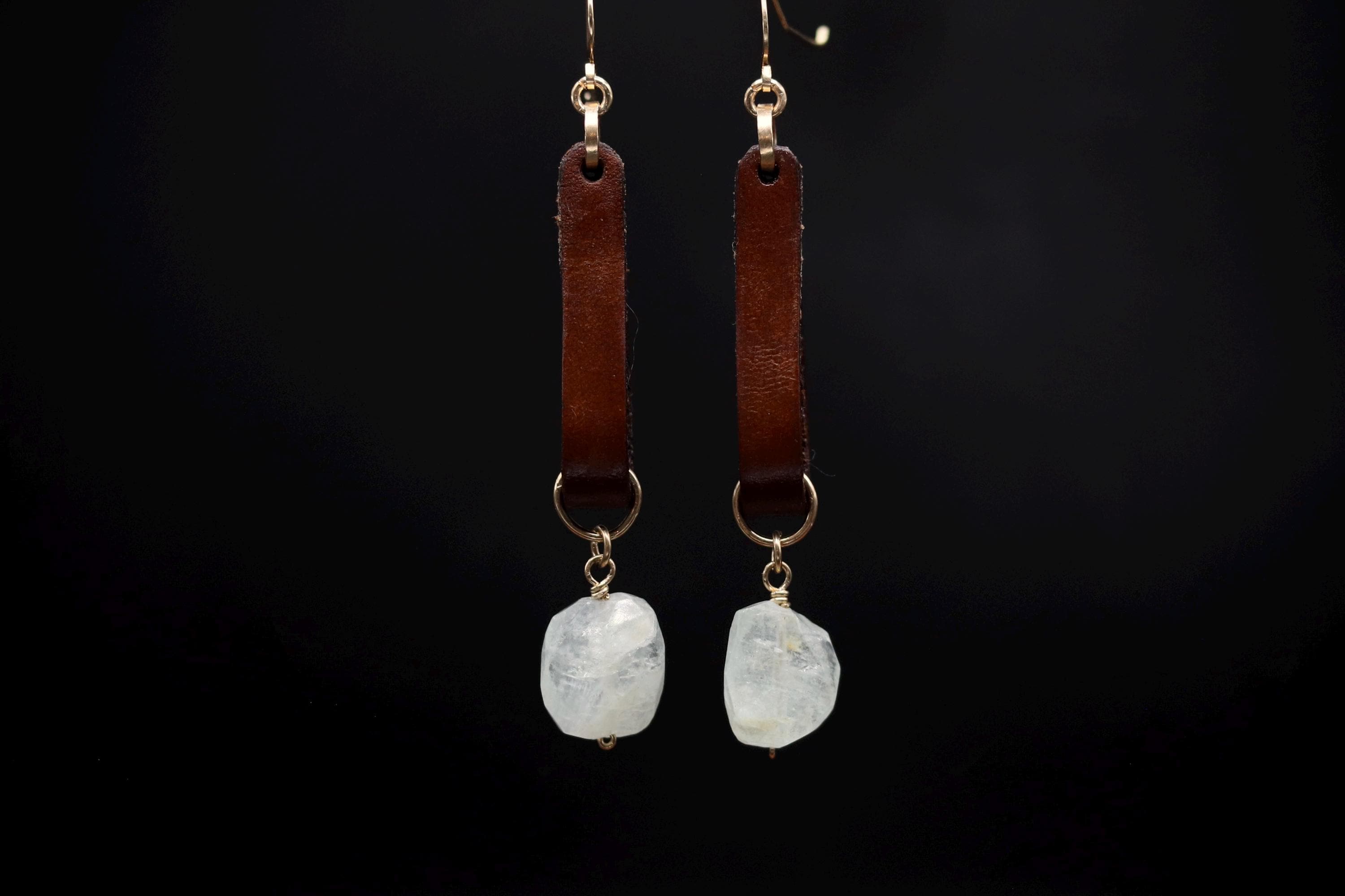 Boho Leather and Raw Cut Aquamarine Dangle Gemstone Earrings, 14K Gold Filled
