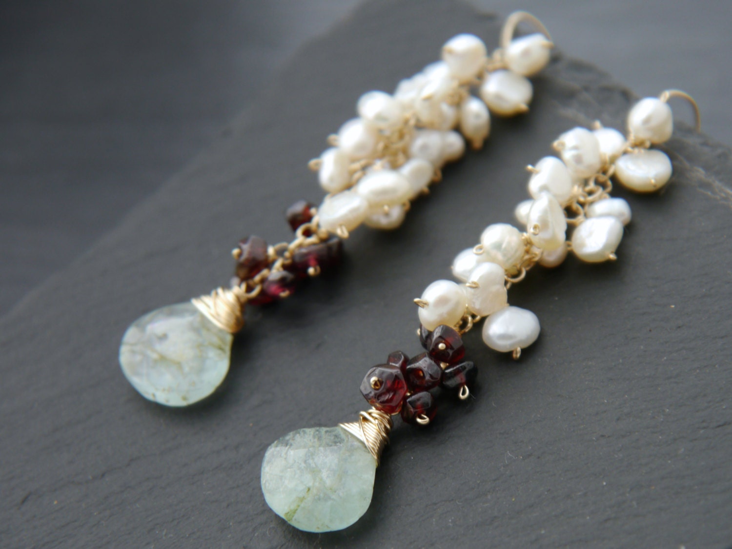 Aquamarine Garnet Pearl Cluster Long Dangle Floral Gemstone Earrings, 14K Gold Filled
