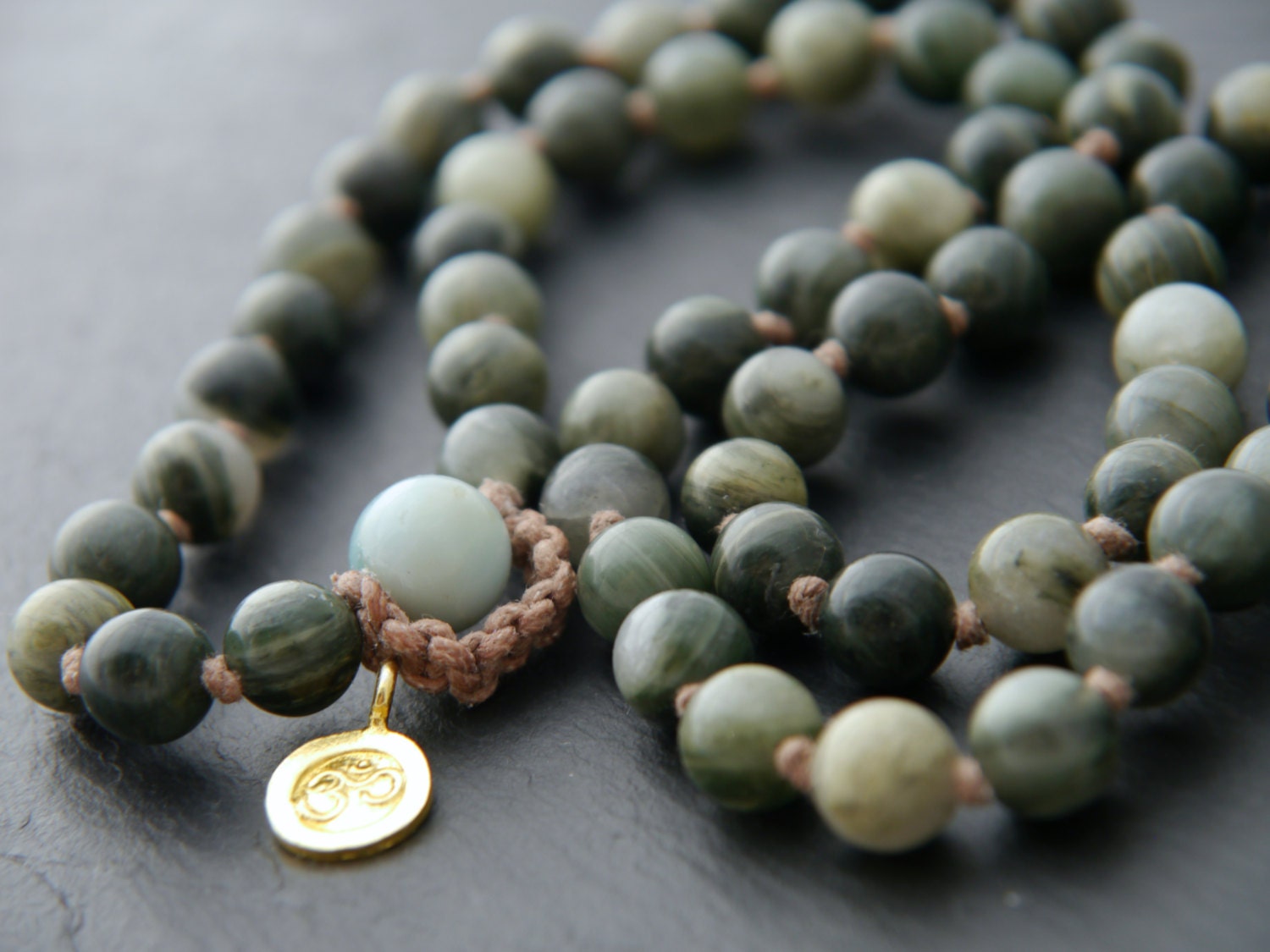Green Line Jasper 108 Mala Bead , Wrap, Hand Knotted Tibetan Prayer Beads