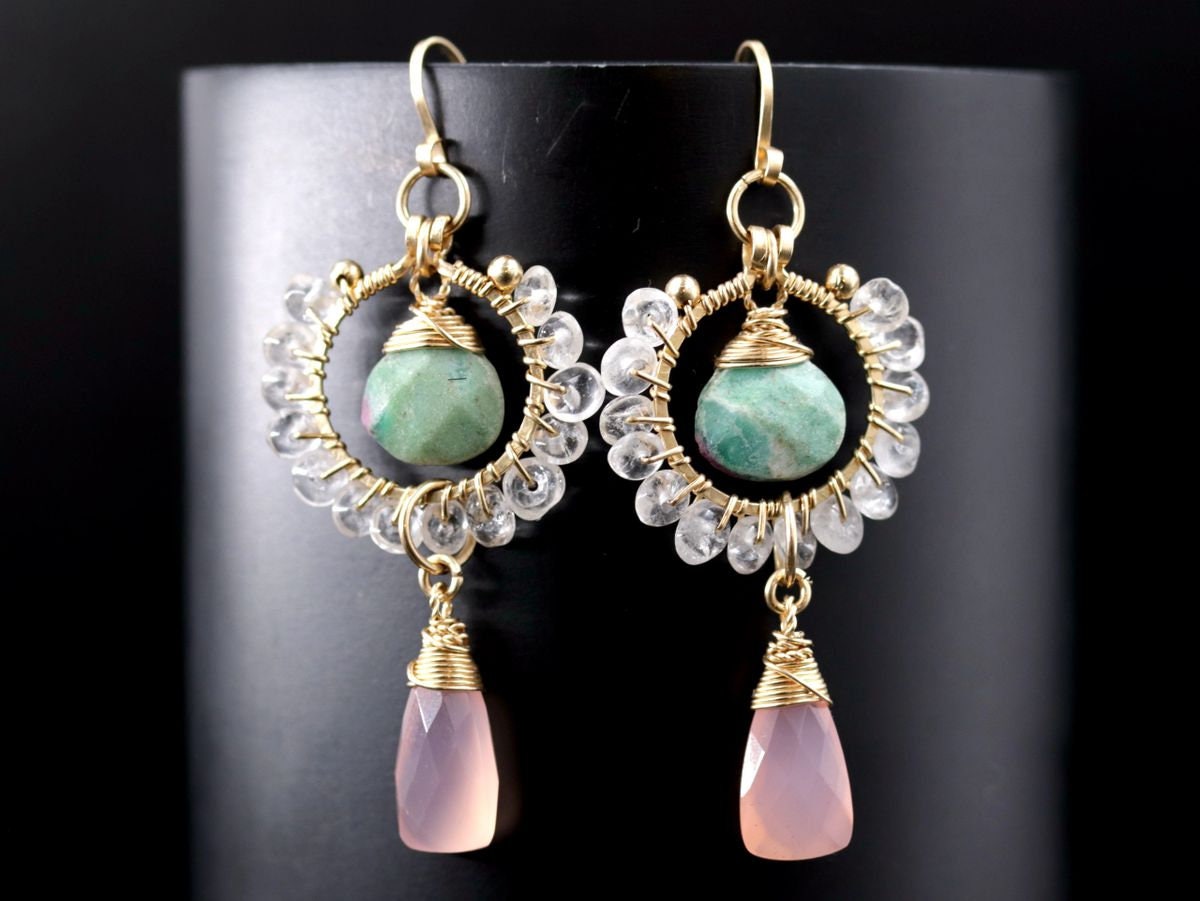Pink Chalcedony Trillion Ruby in Fuchsite Floral Gemstone Earrings, 14K Gold Filled Unique Boho