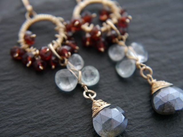 Garnet Labradorite Aquamarine Floral Chandelier Gemstone Earrings, 14K Gold Filled