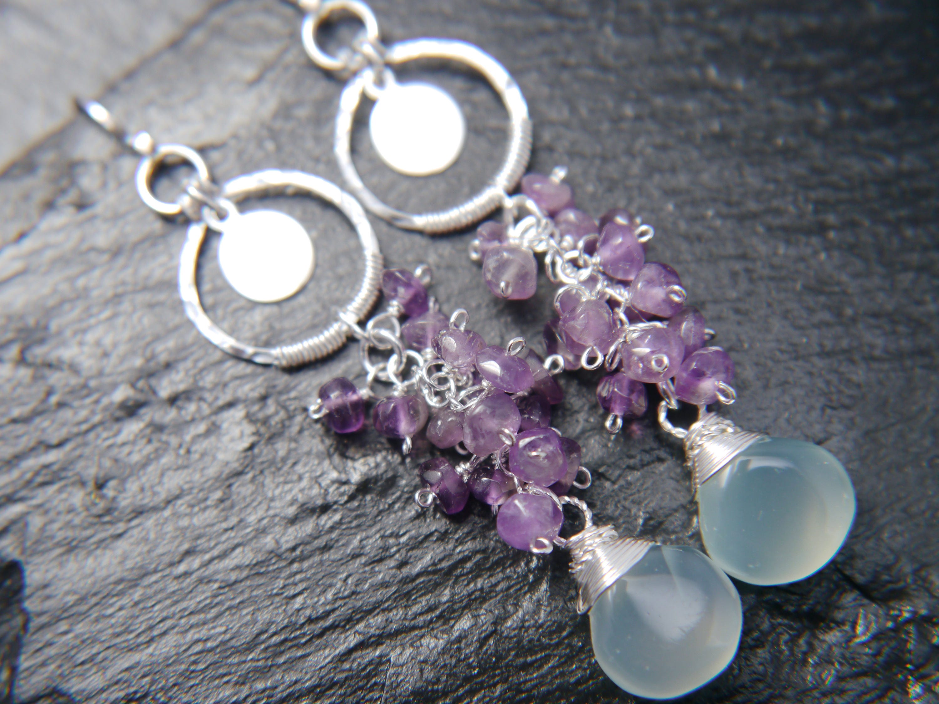 Aqua Chalcedony Amethyst Long Dangle Gemstone Earrings, Sterling Silver