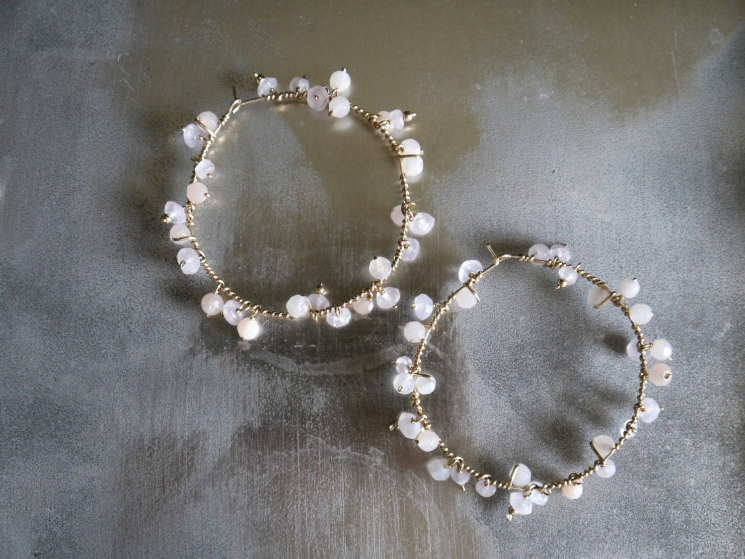 Rose Quartz Floral Hoop Gemstone Earrings, 14K Gold Filled Botanical Bride