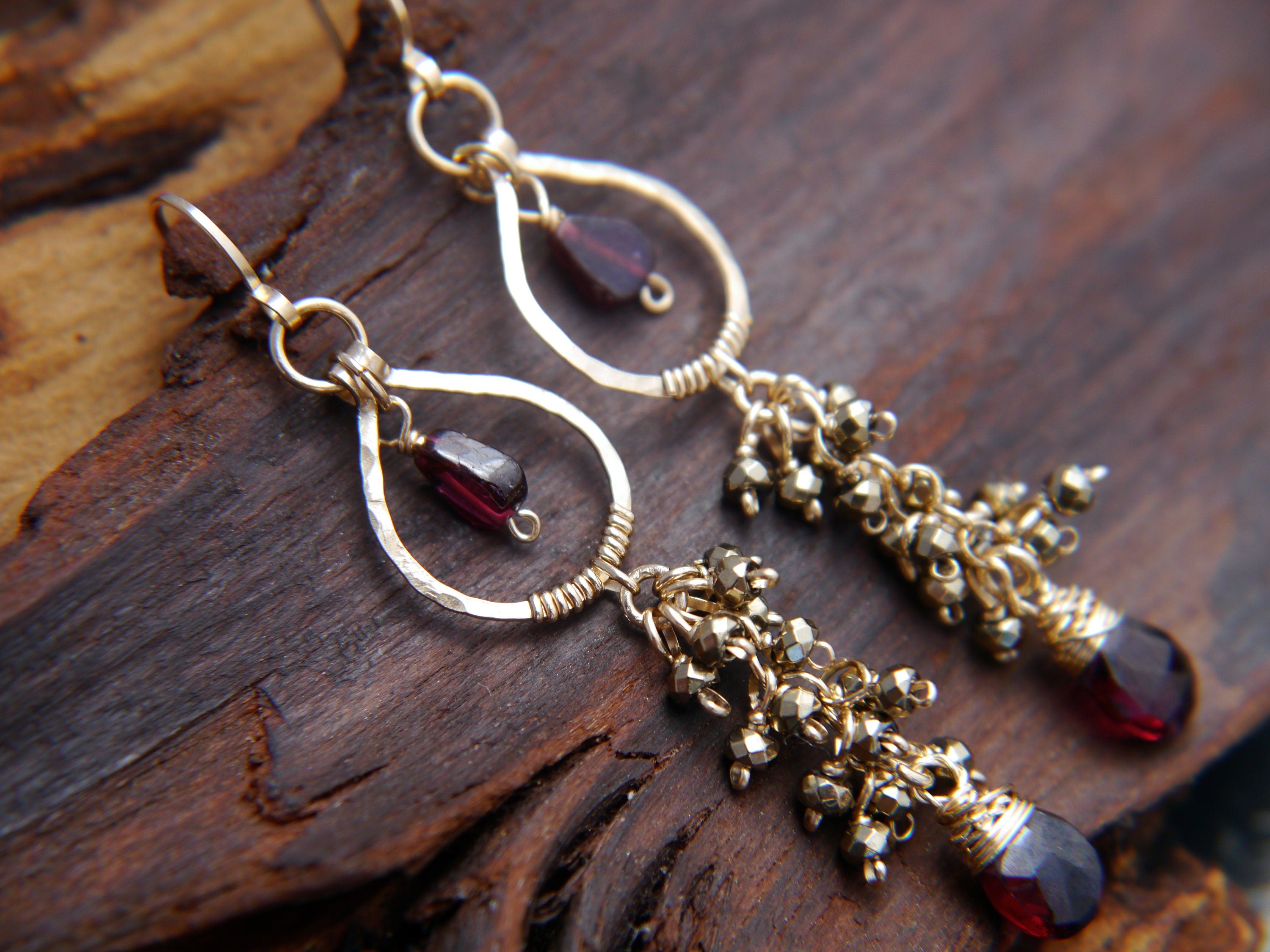 Garnet Chandelier Floral Gemstone Earrings, 14K Gold Filled Bohemian Style