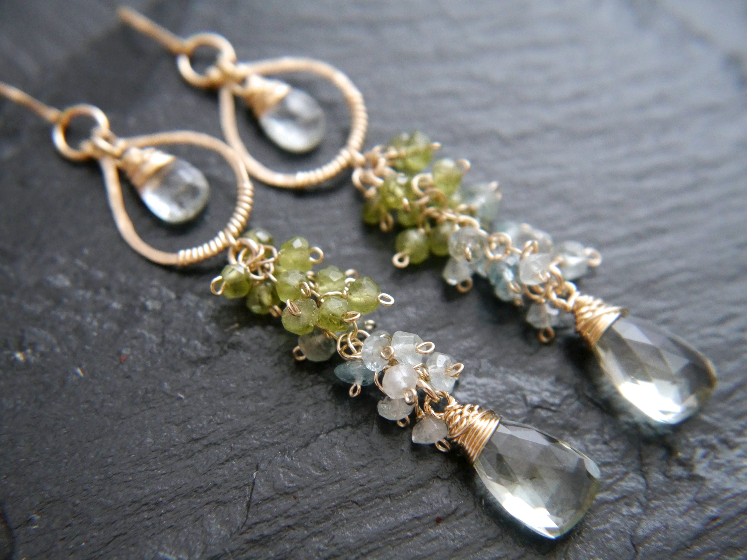 Peridot Aquamarine Cluster Chandelier Earrings, 14K Gold Filled Long Floral Dangle, Bohemian Jewelry