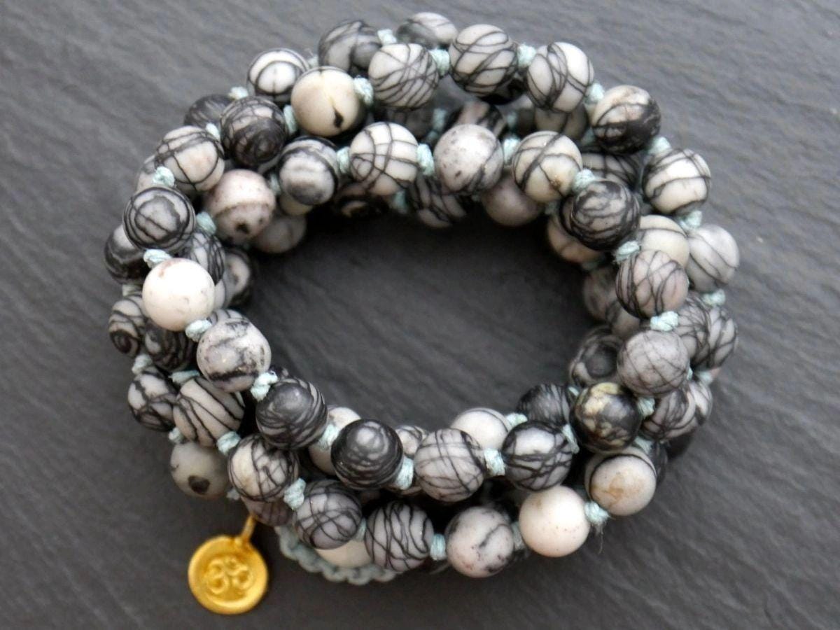 Black Silkstone White Magnesite 108 Mala Beads, Hand Knotted Wrap