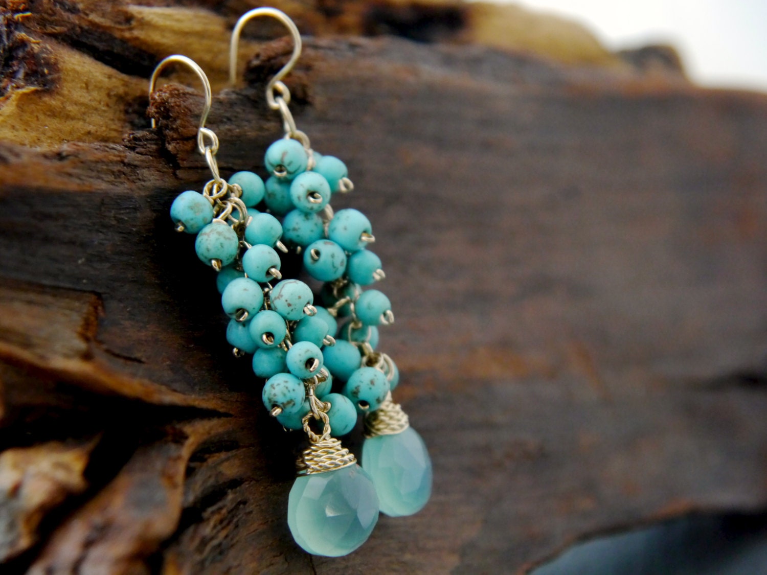 Aqua Chalcedony Turquoise Cluster Dangle Gemstone Earrings, 14K Gold Filled