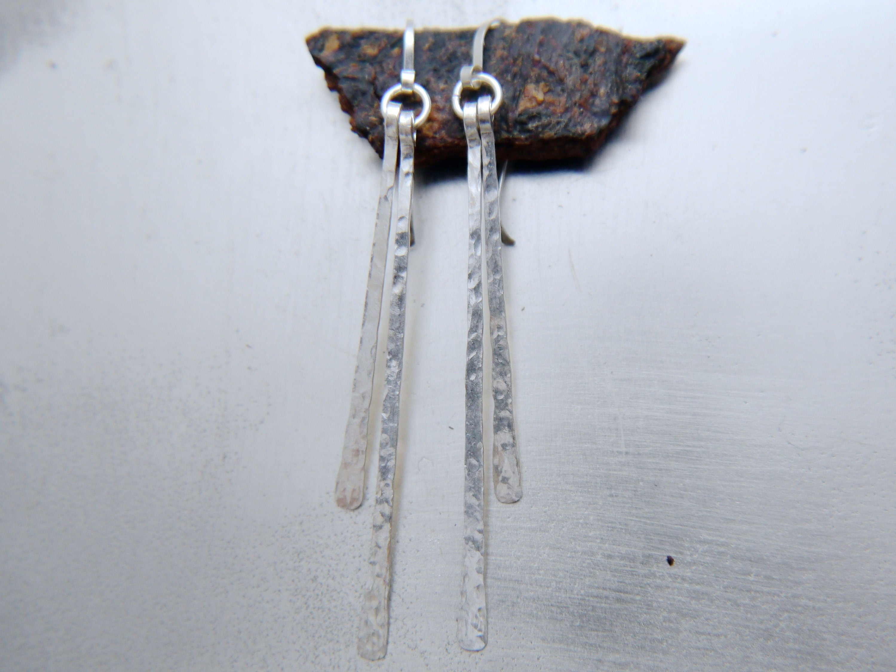 Hammered Sterling Silver Bar Earrings, Simple Minimalist
