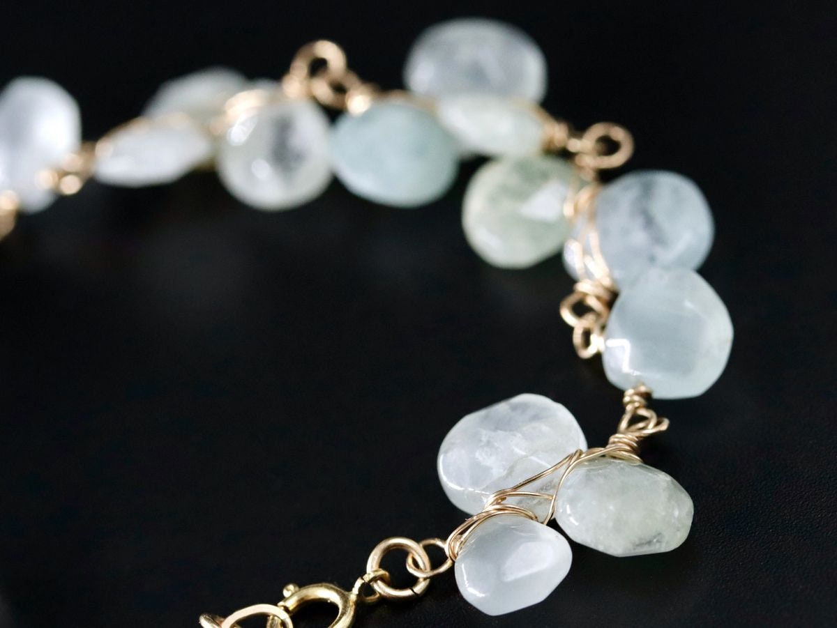 14K Gold Filled Aquamarine Pearl Gemstone Bracelet, March Birthstone Bridal Jewelry