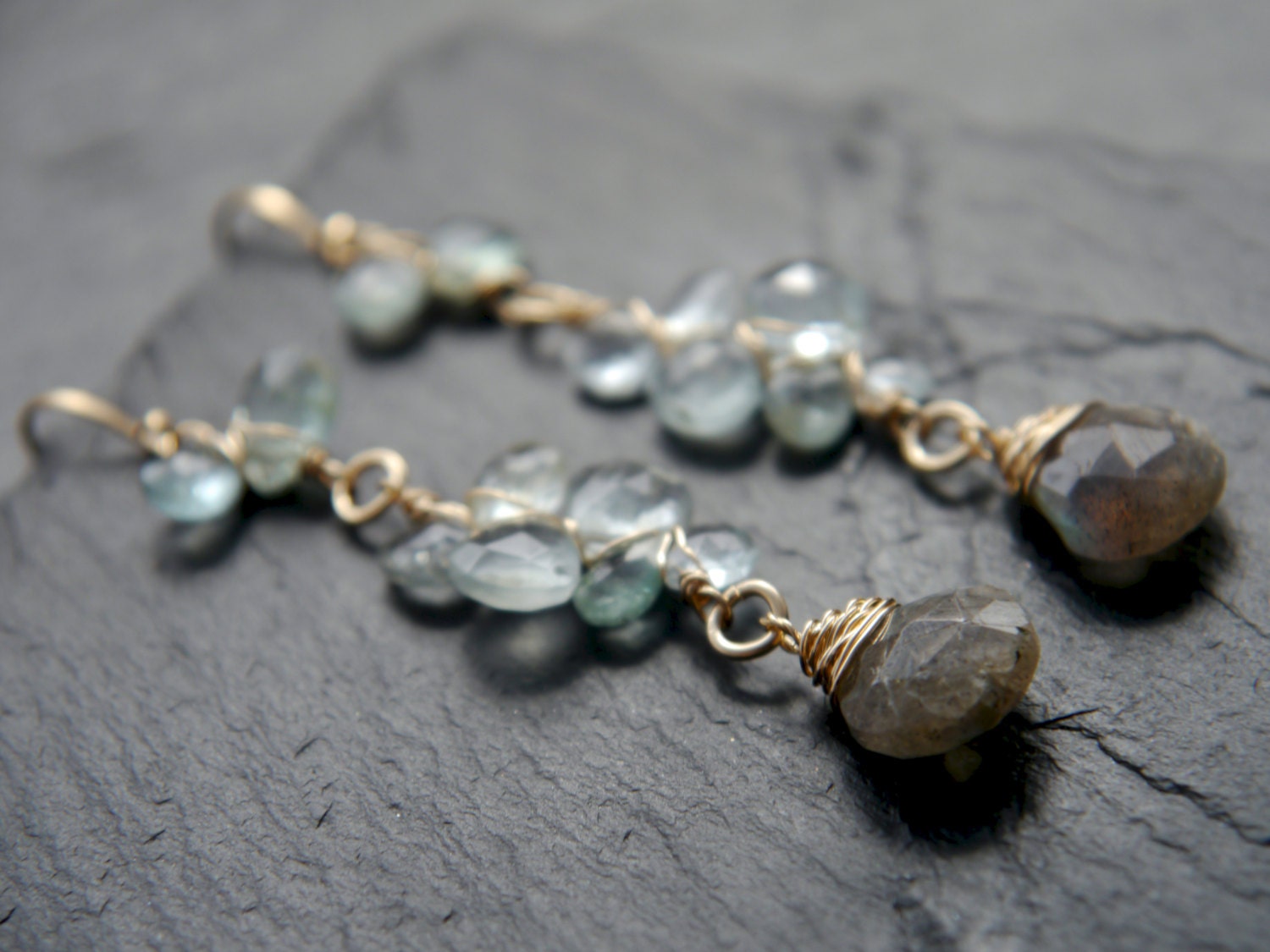 Aquamarine Labradorite Floral Long Dangle Gemstone Earrings, 14K Gold Filled Wedding