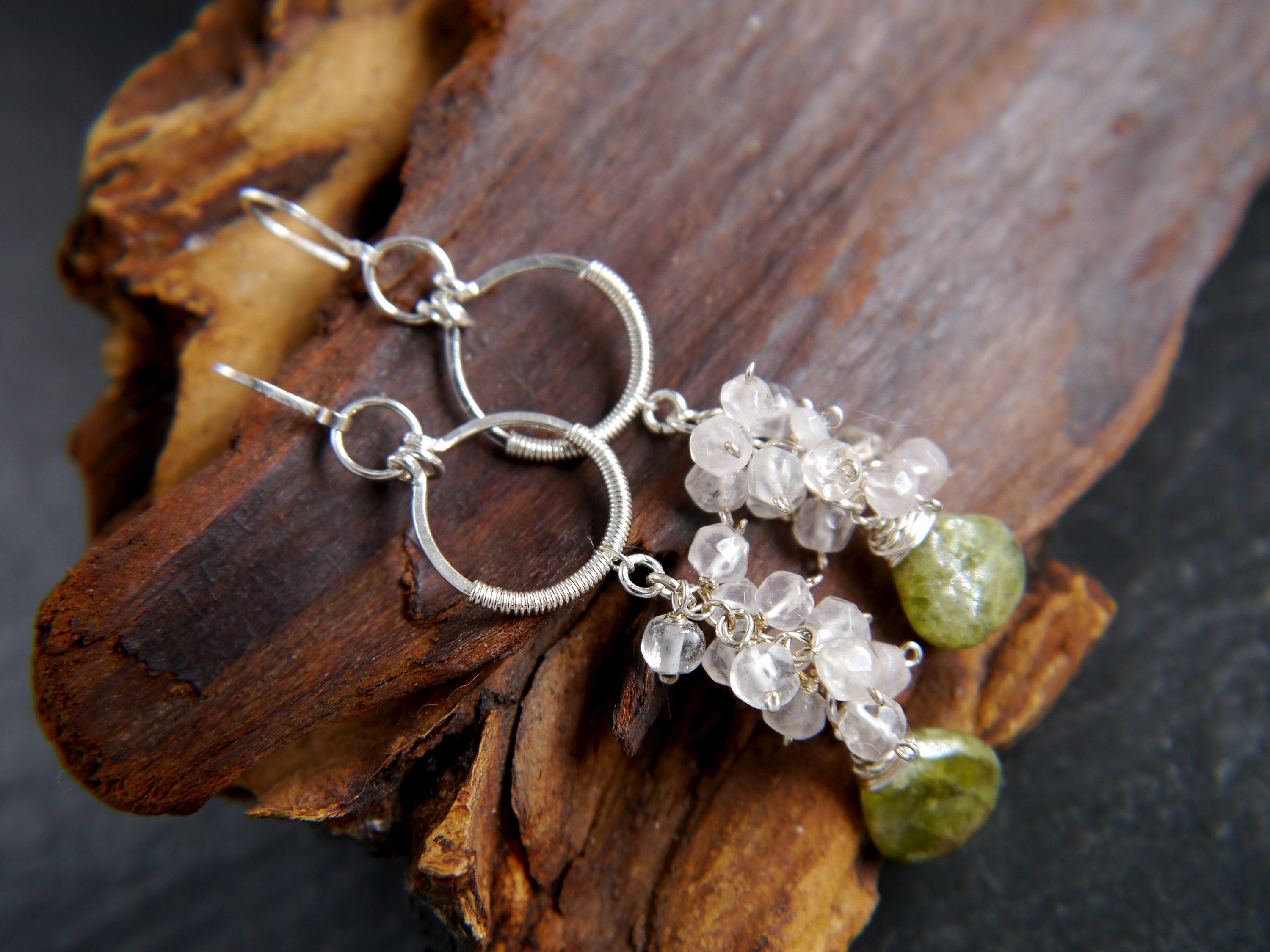 Green Vesuvianite Rose Quartz Gemstone Earrings, Sterling Silver Bohemian Style
