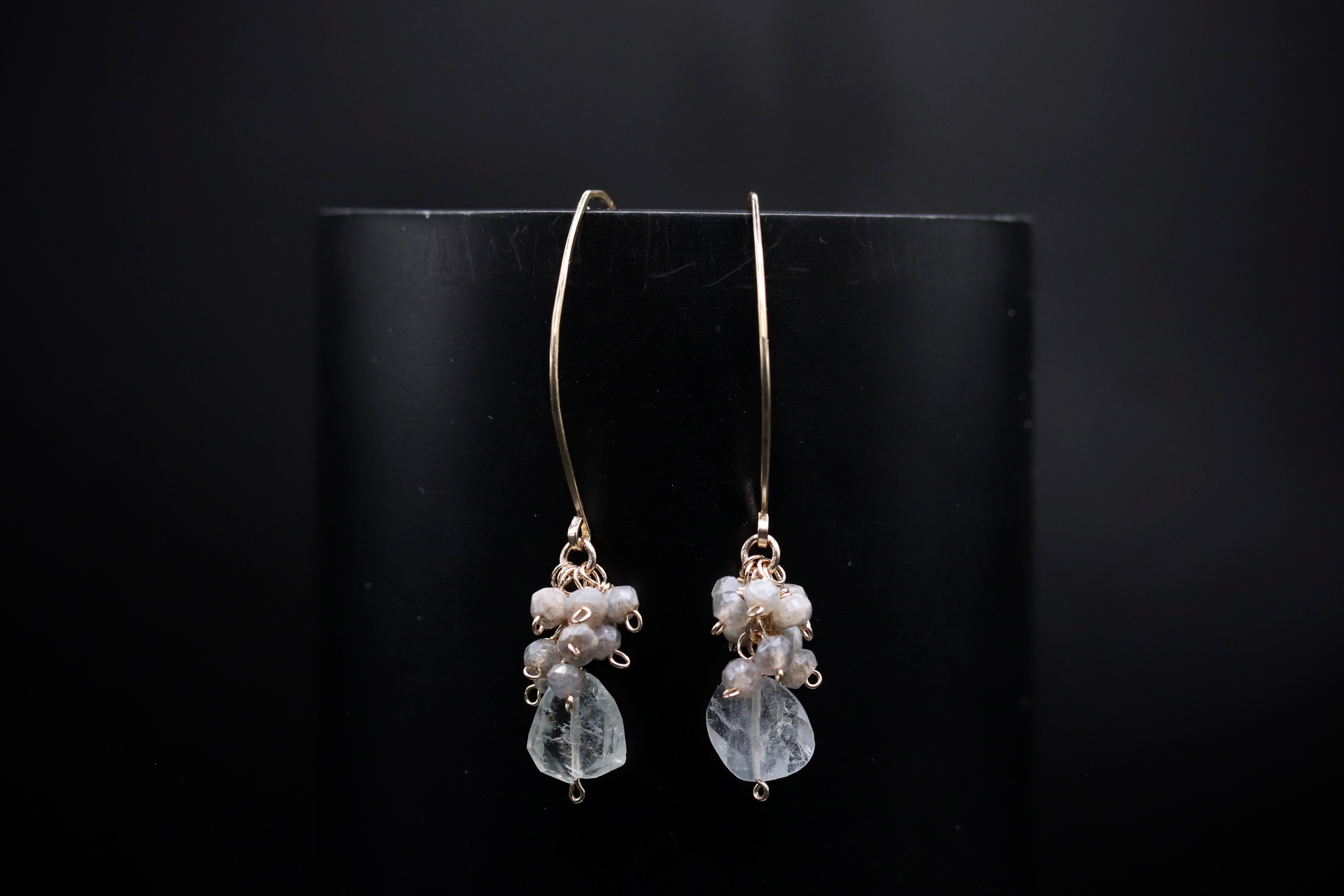 A pair of elegant earrings with clear gemstone accents and dangling metal hooks, displayed against a dark background.