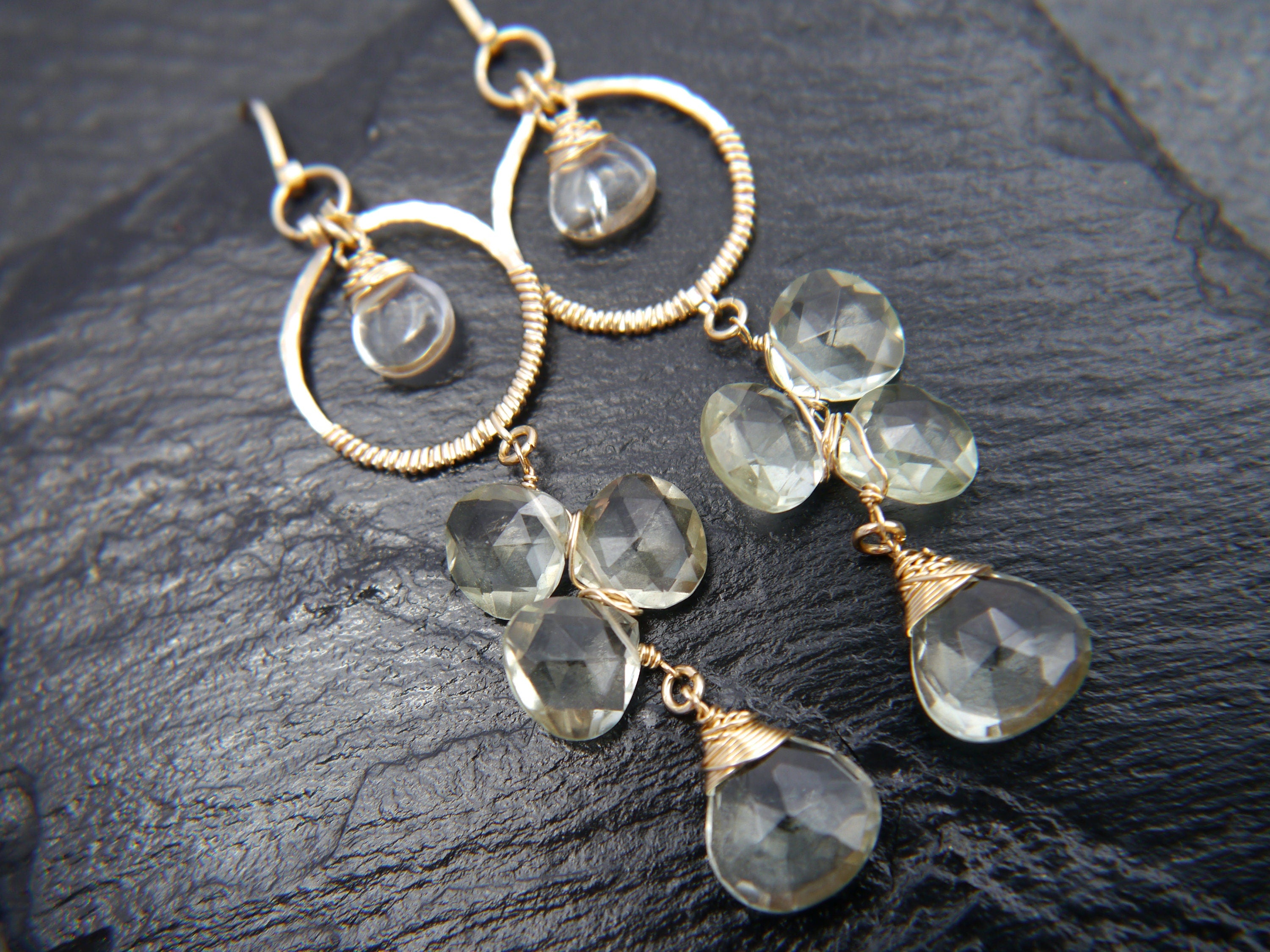 Green Amethyst Long Dangle Floral ChandelierGemstone Earrings, 14K Gold Filled Bridal