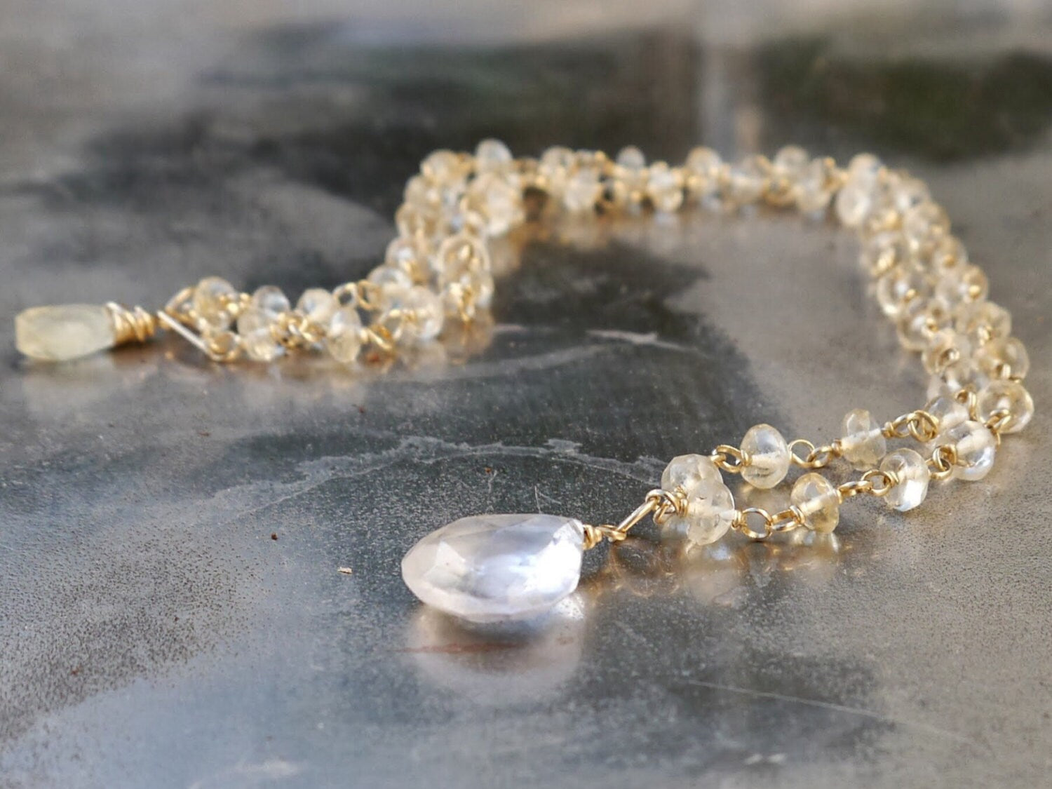 Citrine Rosary Chain Pendant Gemstone Necklace, 14K Gold Filled, Bohemian Wedding