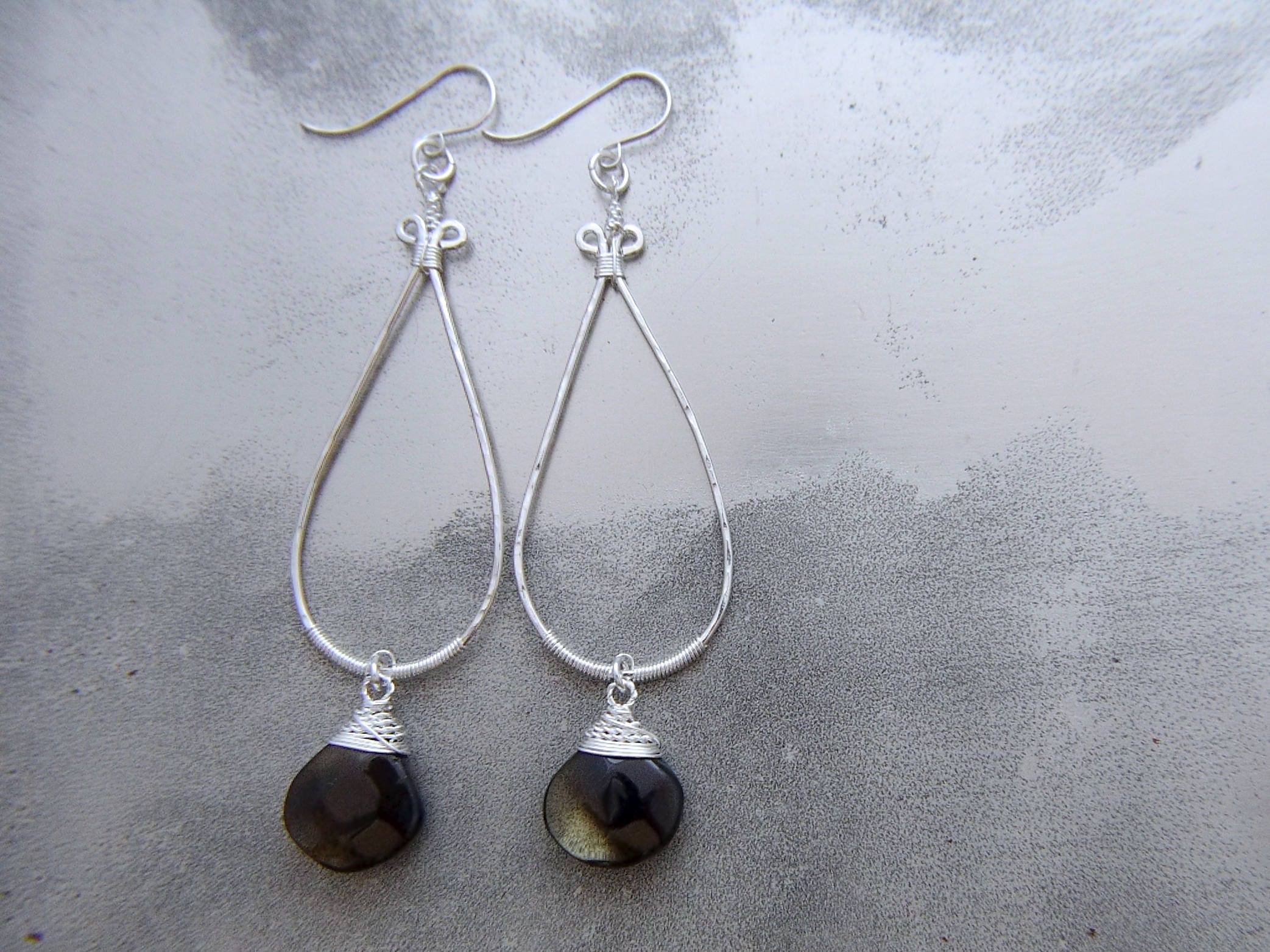 Smokey Quartz Wire Wrapped Teardrop Hoop Gemstone Earrings, Sterling Silver