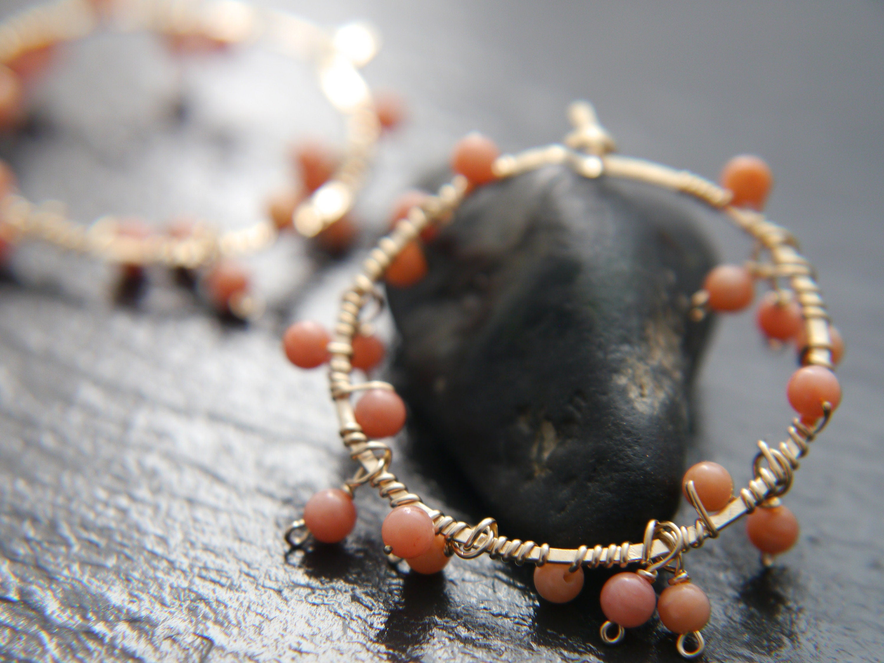 Coral Hoop Gemstone Earrings, 14K Gold Filled Garland Floral Bohemian Style