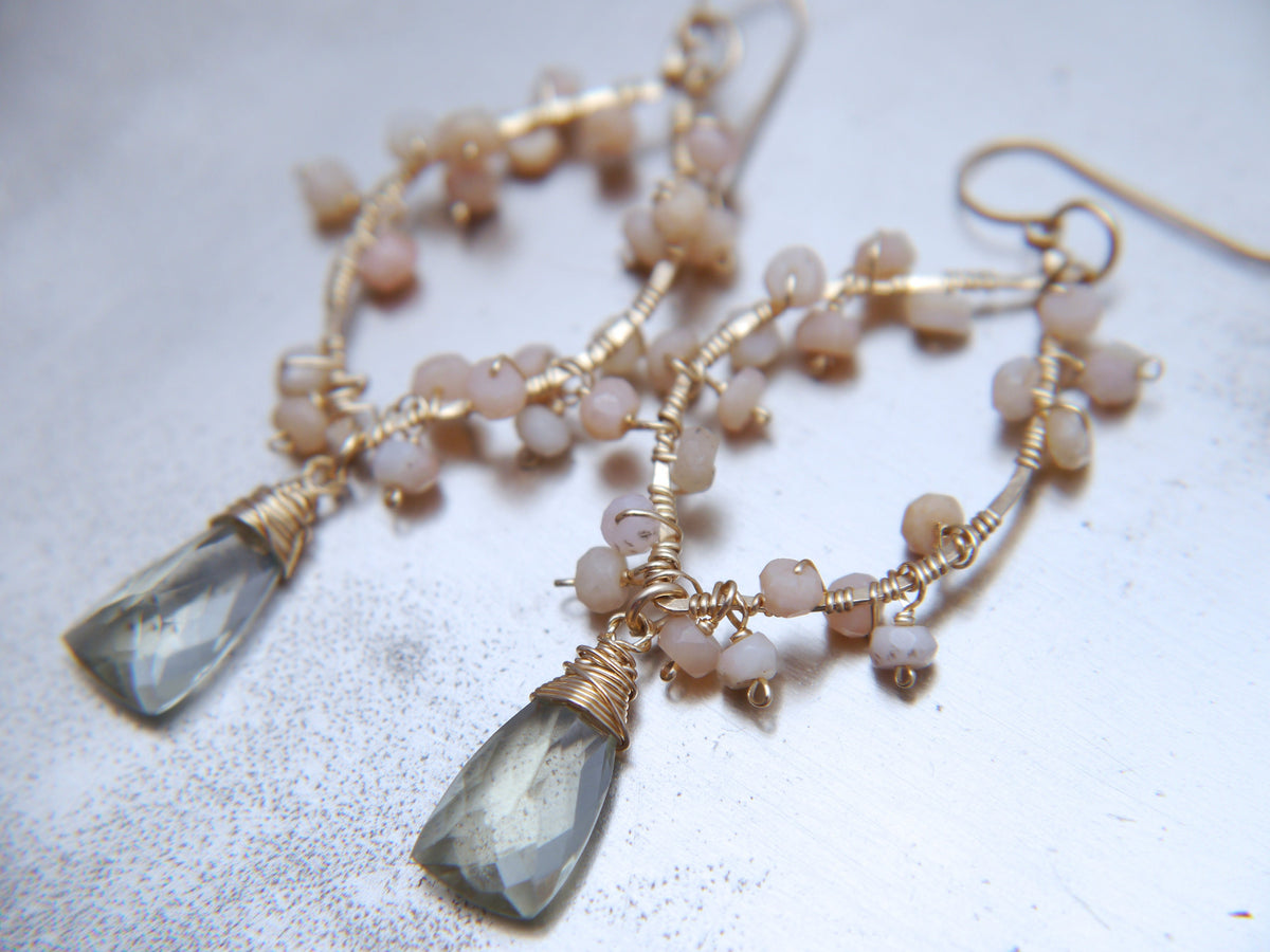 Bridal Chandelier Gold Earrings, 14K Gold Filled, Pink Opal, Aquamarine & Green Amethyst, Garden Wedding Earrings