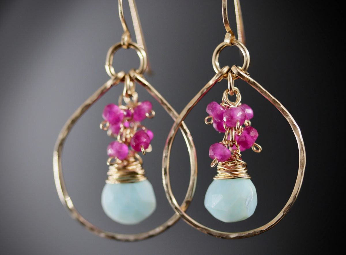Peruvian Opal Ruby Floral Gemstone Earrings, 14K Gold Filled Bohemian Jewelry