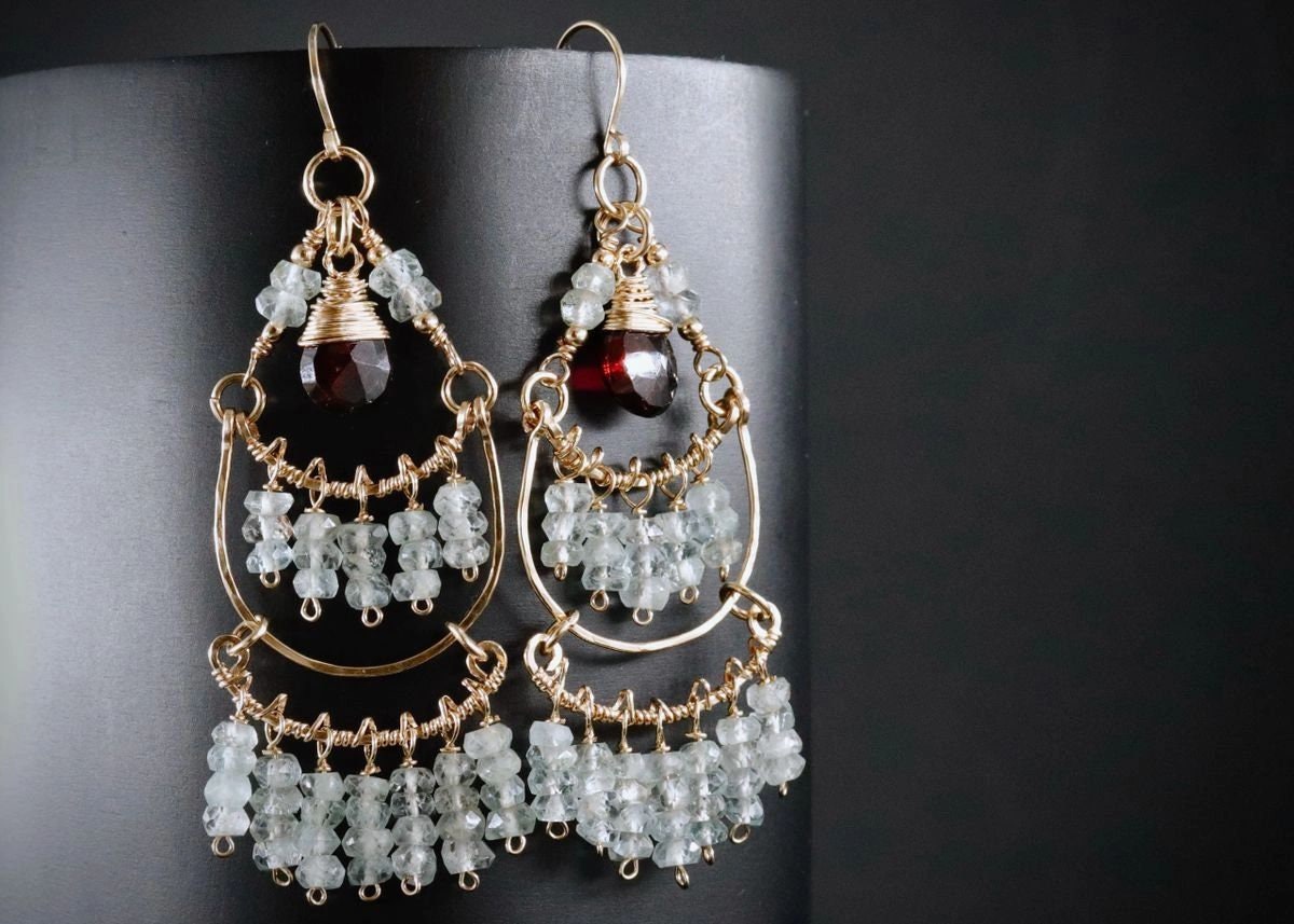 Garnet Aquamarine Fringe Chandelier Gemstone Earrings, 14K Gold Filled Bohemian Jewelry