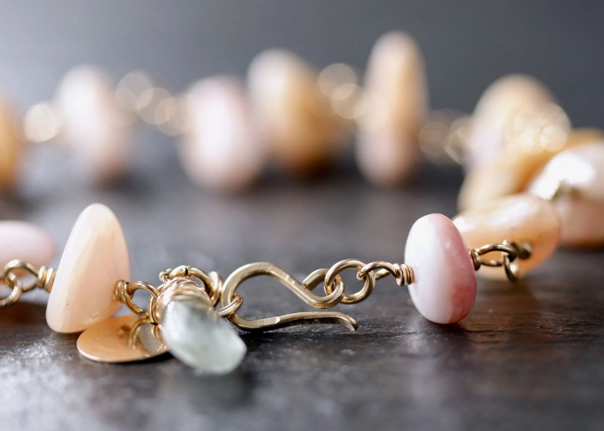 Pink Opal Aquamarine 14K Gold Filled Gemstone Bracelet, Pastel Beaded Jewelry