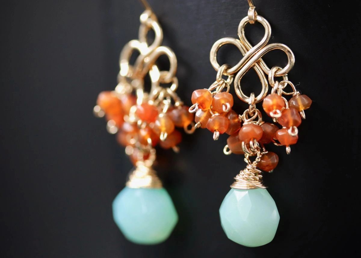 Aqua Chalcedony Carnelian Cluster Earrings, 14K Gold Filled Briolette Dangle, Artisan Jewelry
