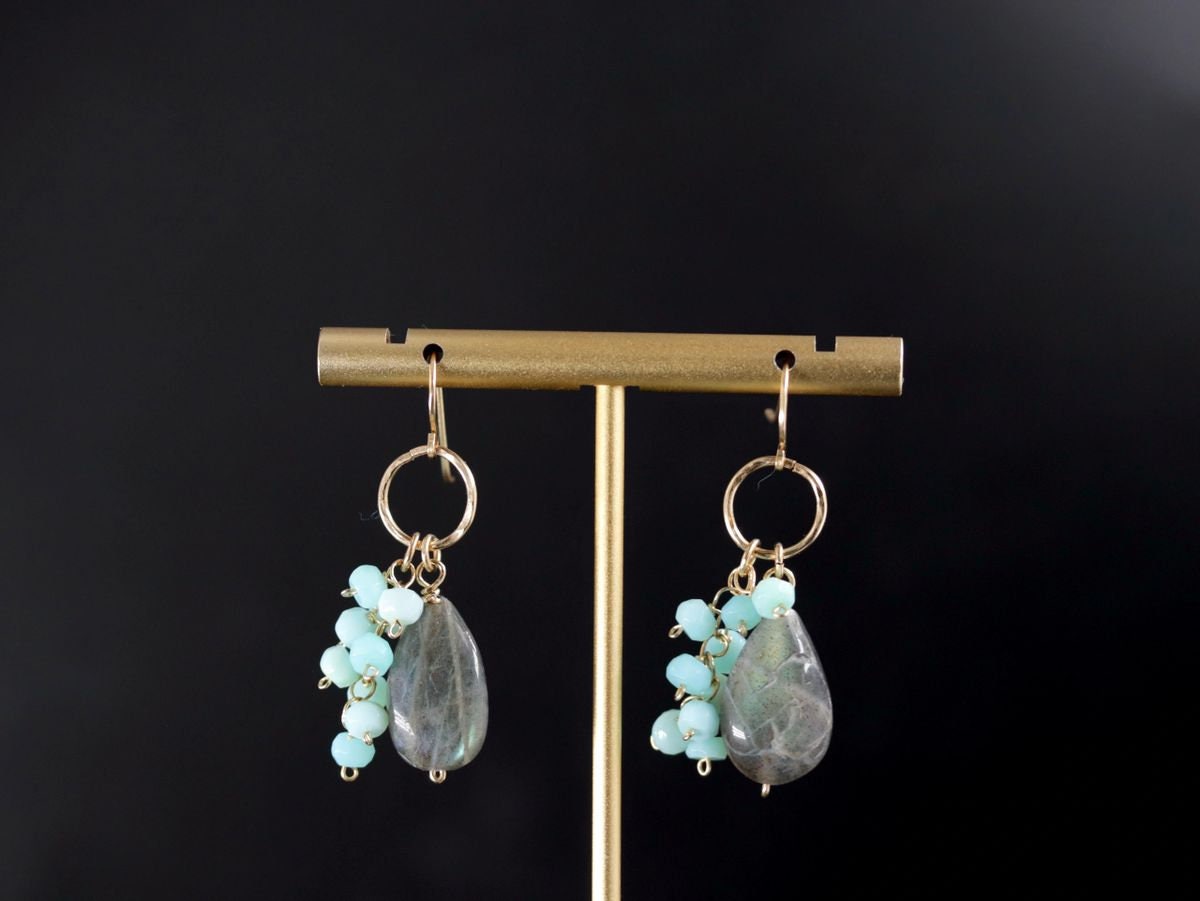 Labradorite Blue Opal Dangle Gemstone Earrings, 14K Gold Filled Celestial Style