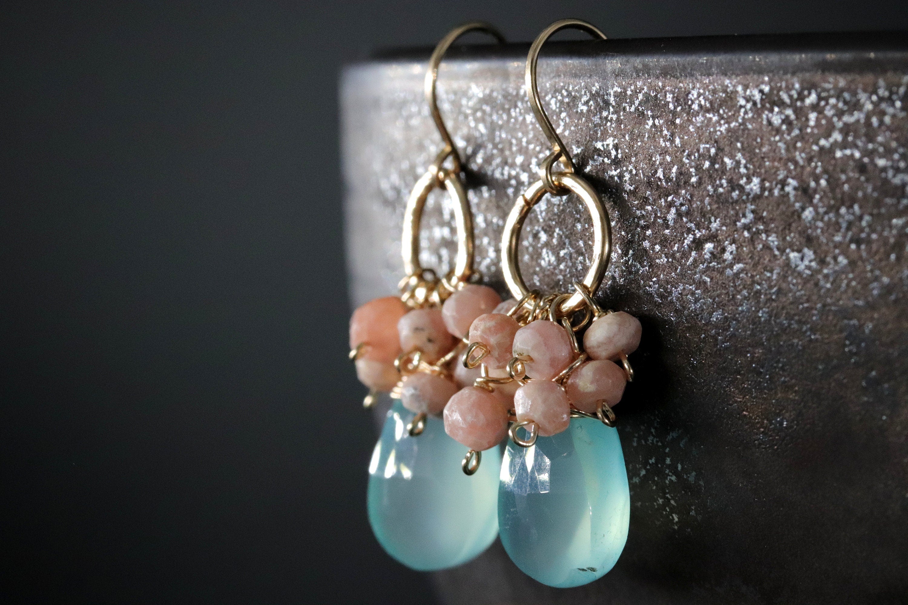 Aqua Chalcedony Pink Rhodonite Floral Cluster Gemstone Earrings, 14K Gold Filled