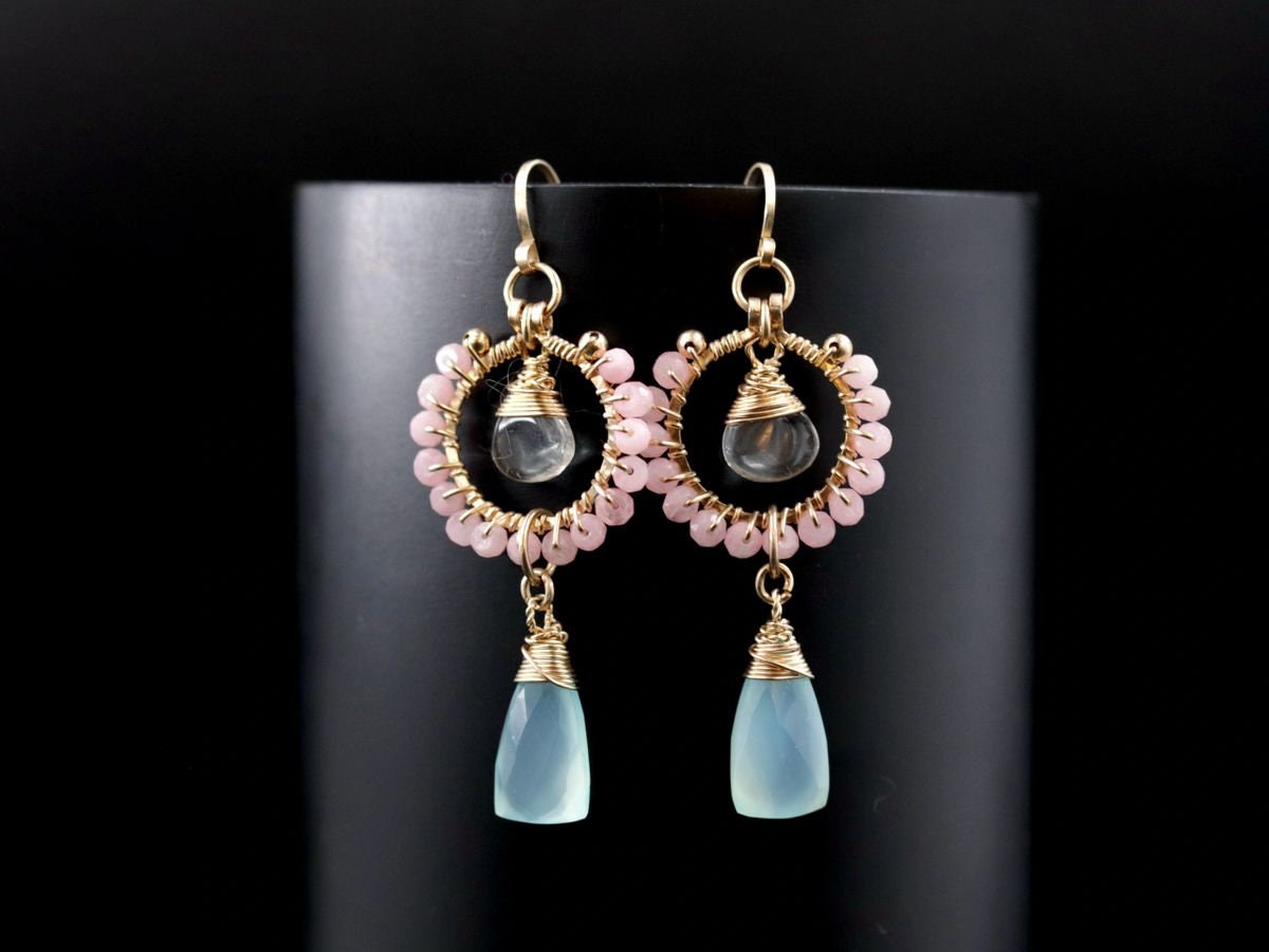 Pink Opal Chalcedony Trillion Briolette Floral Gemstone Earrings, 14K Gold Filled Bohemian Style
