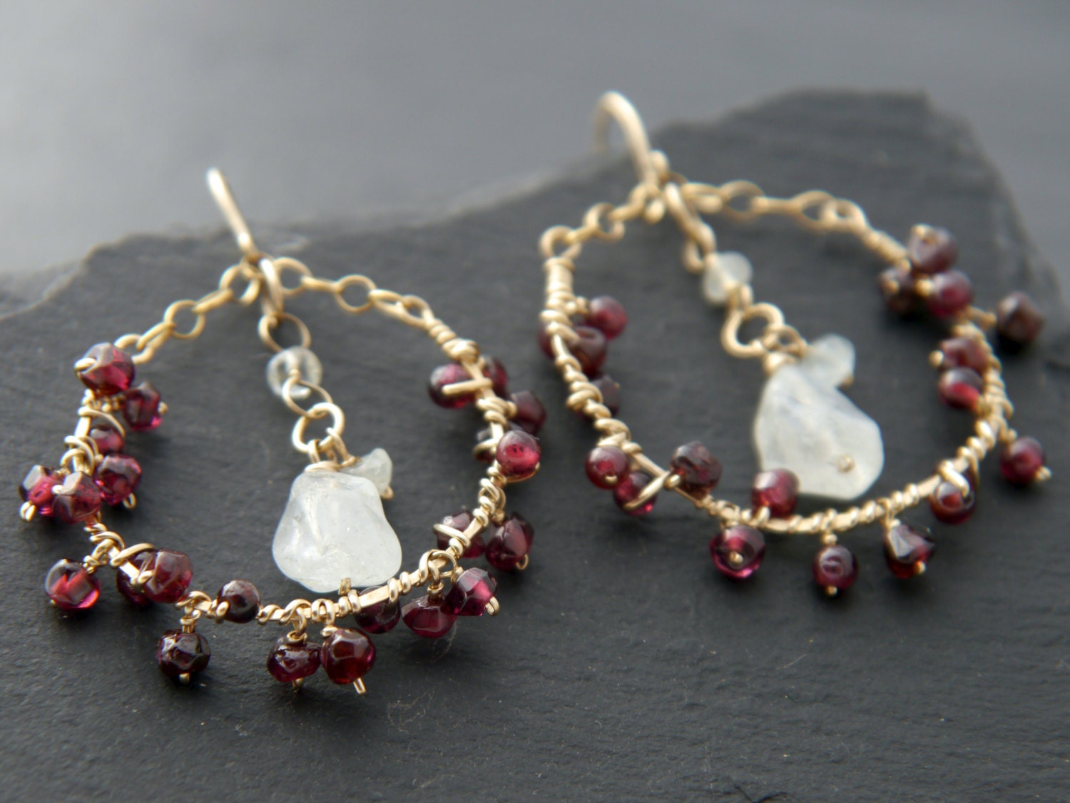 Garnet Aquamarine Floral Hoop Earrings, 14K Gold Filled Gemstone Hoops, Boho Jewelry