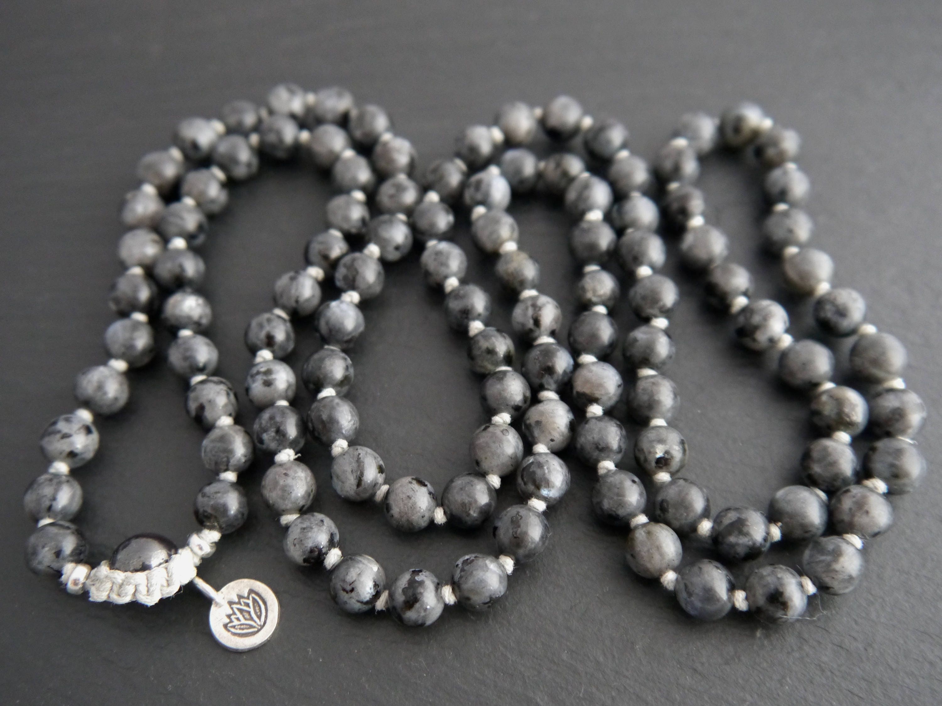 Gray Flash Labradorite Mala Beads, 108 Gemstone Beads, Wrap, Hand Knotted