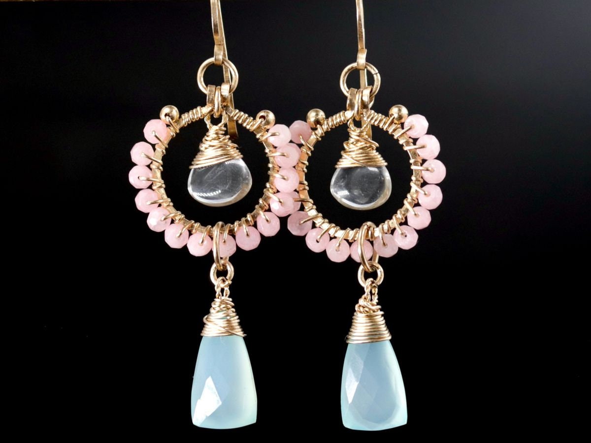Pink Opal Chalcedony Trillion Briolette Floral Gemstone Earrings, 14K Gold Filled Bohemian Style