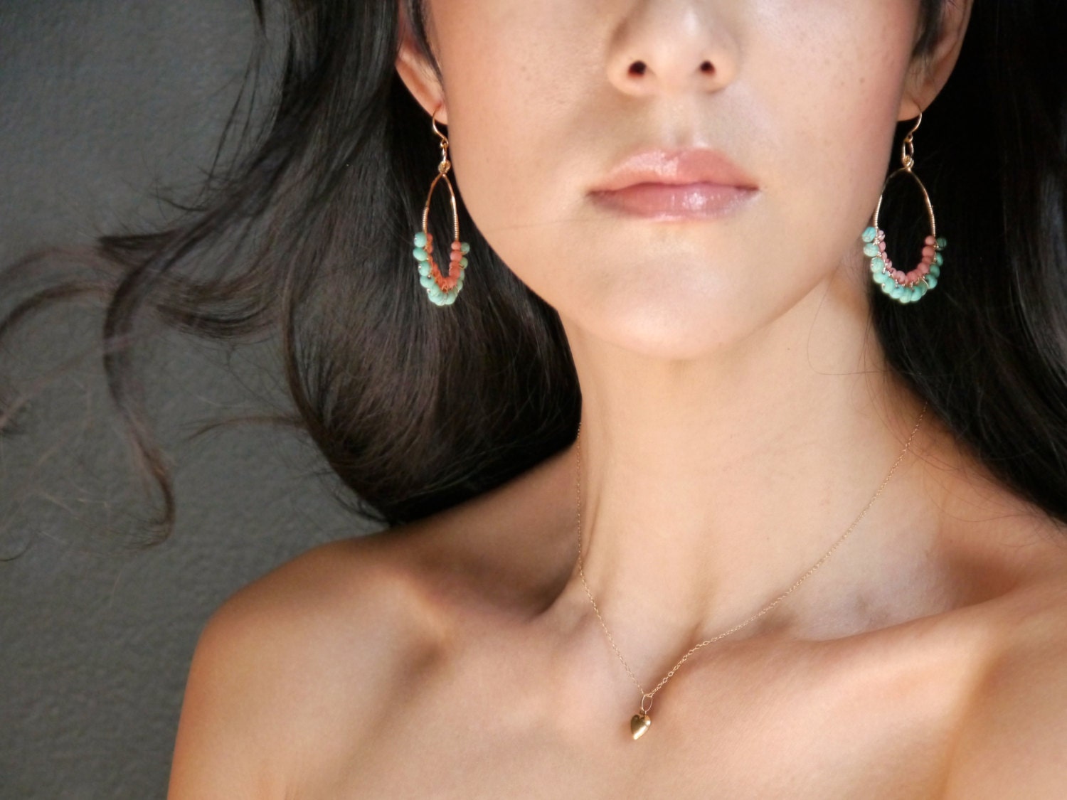Pink Coral, Turquoise Magnesite Hoop Gemstone Earrings, 14K Gold Filled Boho Chic