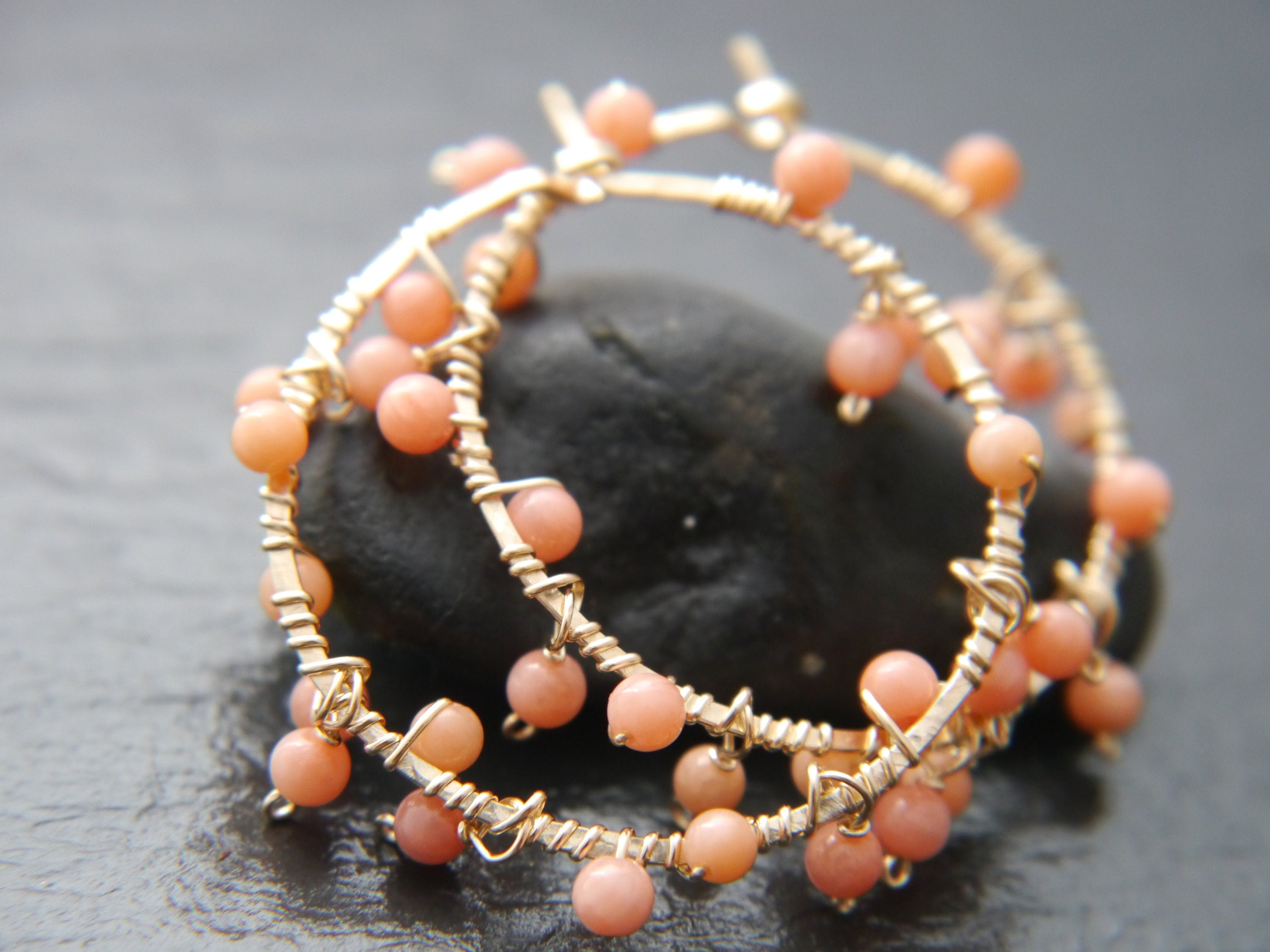 Coral Hoop Gemstone Earrings, 14K Gold Filled Garland Floral  Bohemian Style