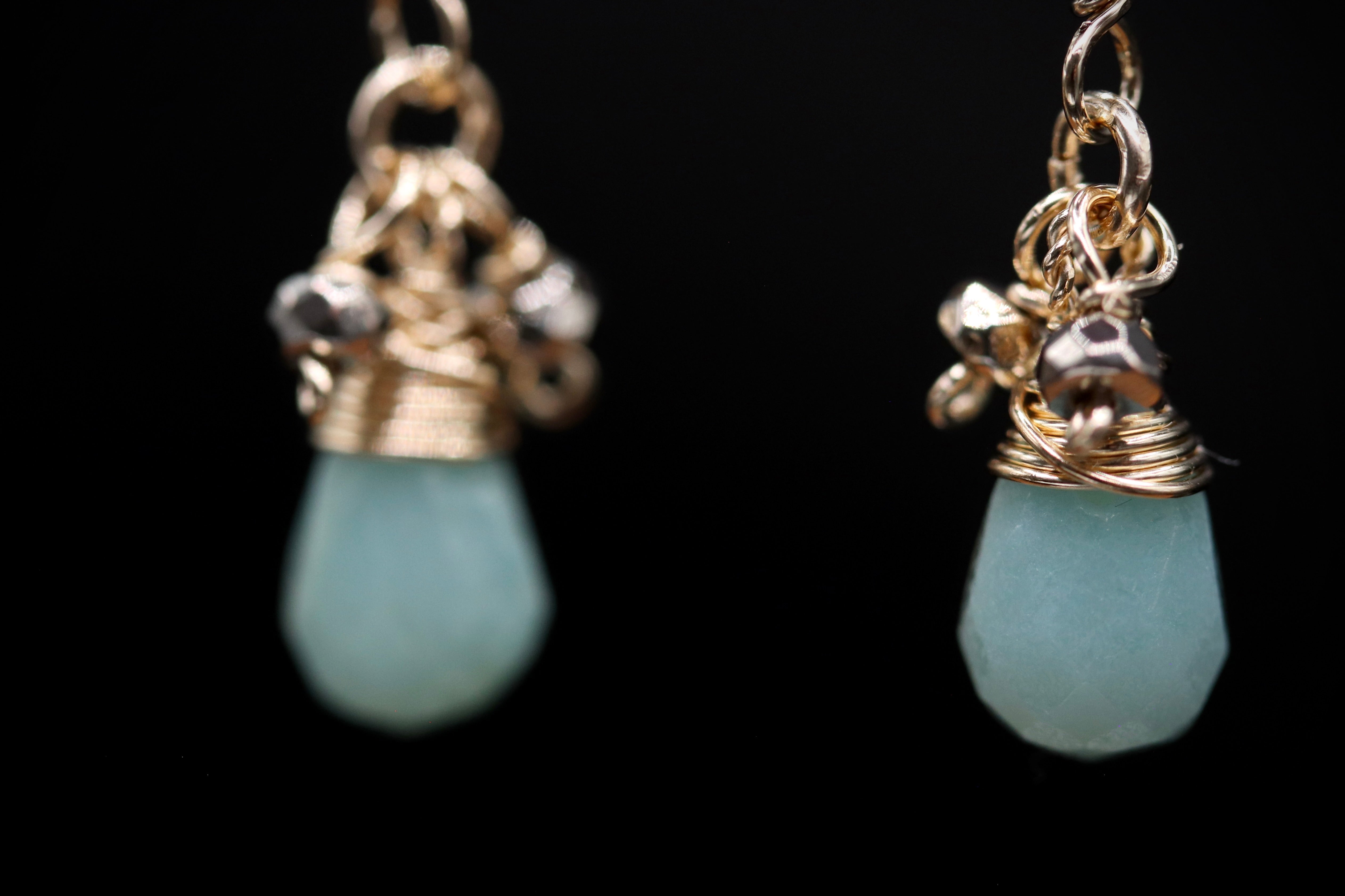 A pair of elegant earrings with turquoise stones and gold-colored metal accents.