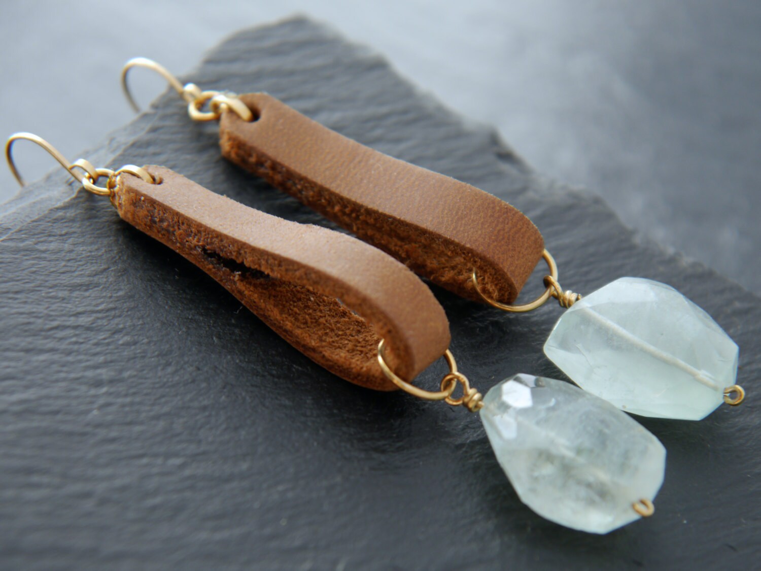 Boho Leather and Aquamarine Dangle Gemstone Earrings, 14K Gold Filled Coastal Wedding
